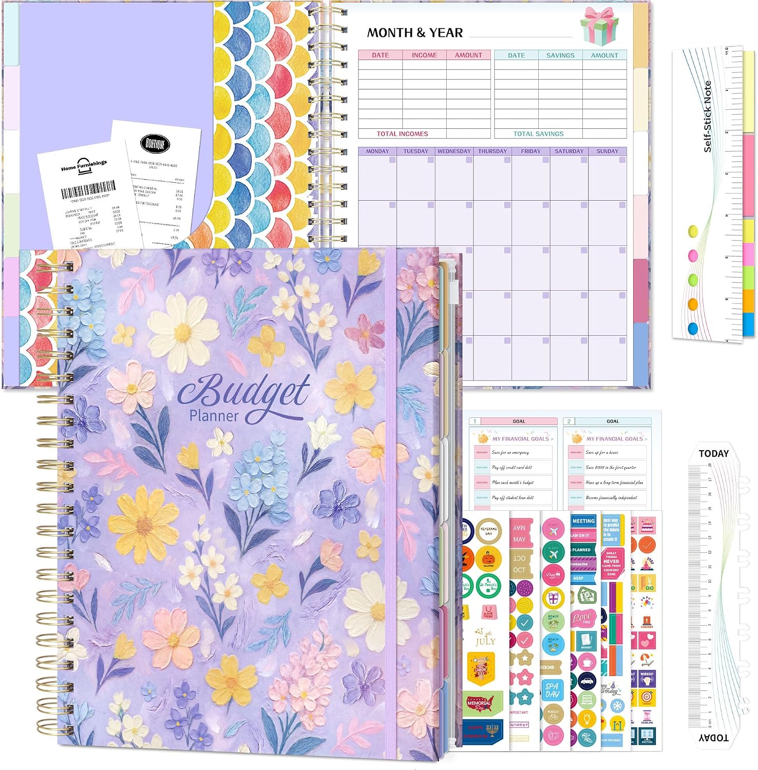 Ospelelf Budget Planner Undated, Money Expense Tracker with Pocket & Stickers, Thick Cardboard Cover, Large Pages for Spacious Writing, Original Fun Colorful Design, 12 Month Financial Notebook, Purple Floral
