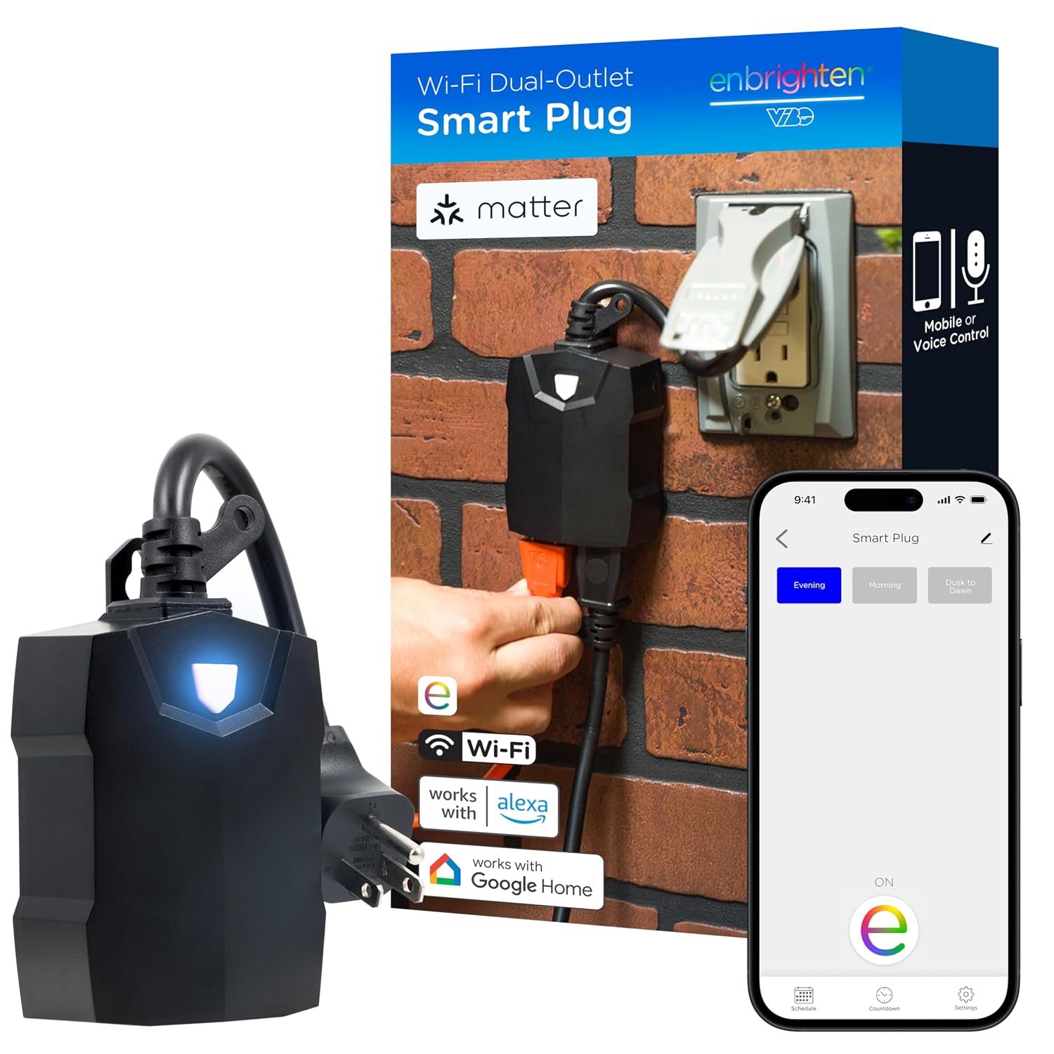 Enbrighten Matter Outdoor Smart Plug, 2 Individual Grounded Outlets, Black | Matter Compatible, Weatherproof, Independently Controlled Outlets, No Hub Required, Works with Alexa & Google Home