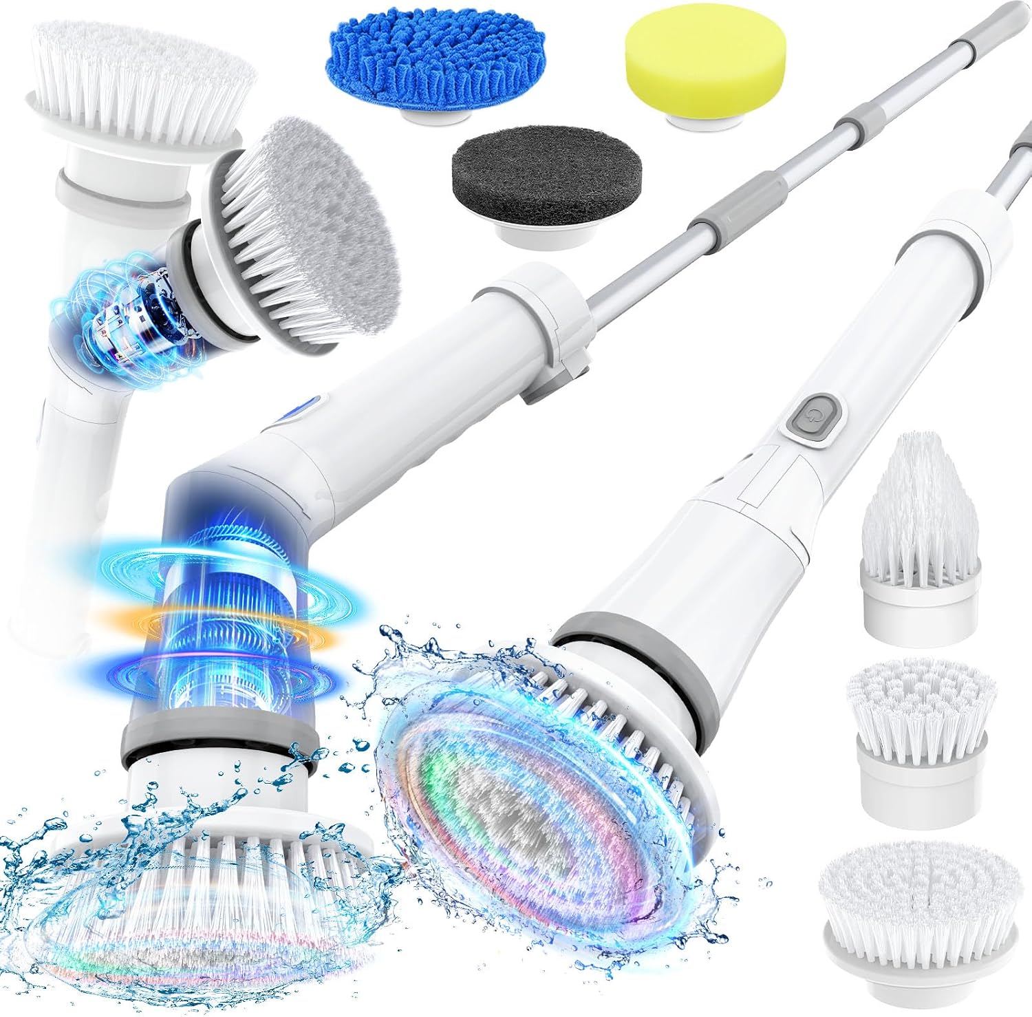 Electric Spin Scrubber, Cordless Shower Spin Scrubber with 6 Replacement Brush Heads & Adjustable Extension Arm, 2H Bathroom Scrubber Dual Speed, Power Spin Scrubber for Bathroom Car Floor Grout Sink