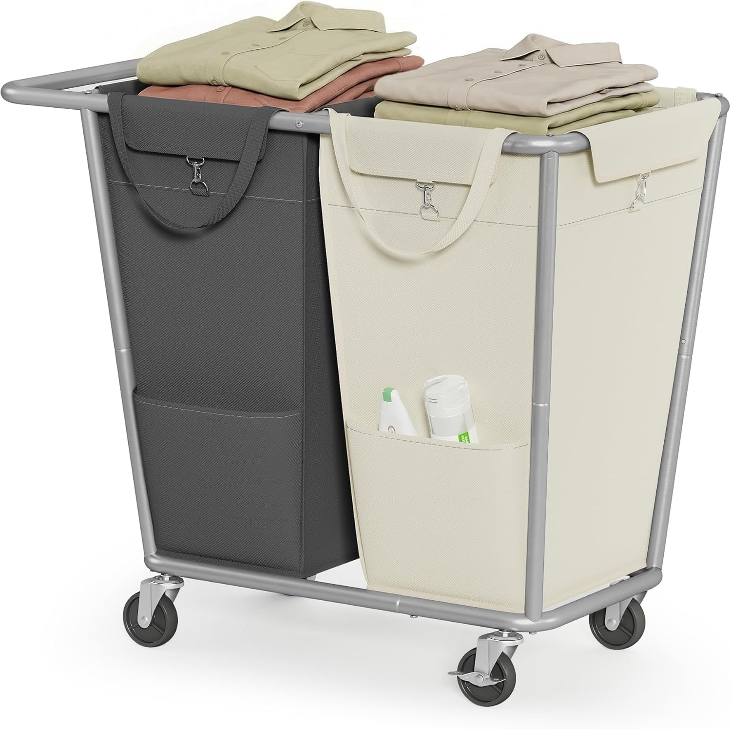 SONGMICS Laundry Basket with Wheels, 2-Section Laundry Sorter, 50.2 Gallons (190 L) Rolling Hamper with Removable Bags, Heavy-Duty Steel Frame, Cream White and Dark Gray URLS009X01