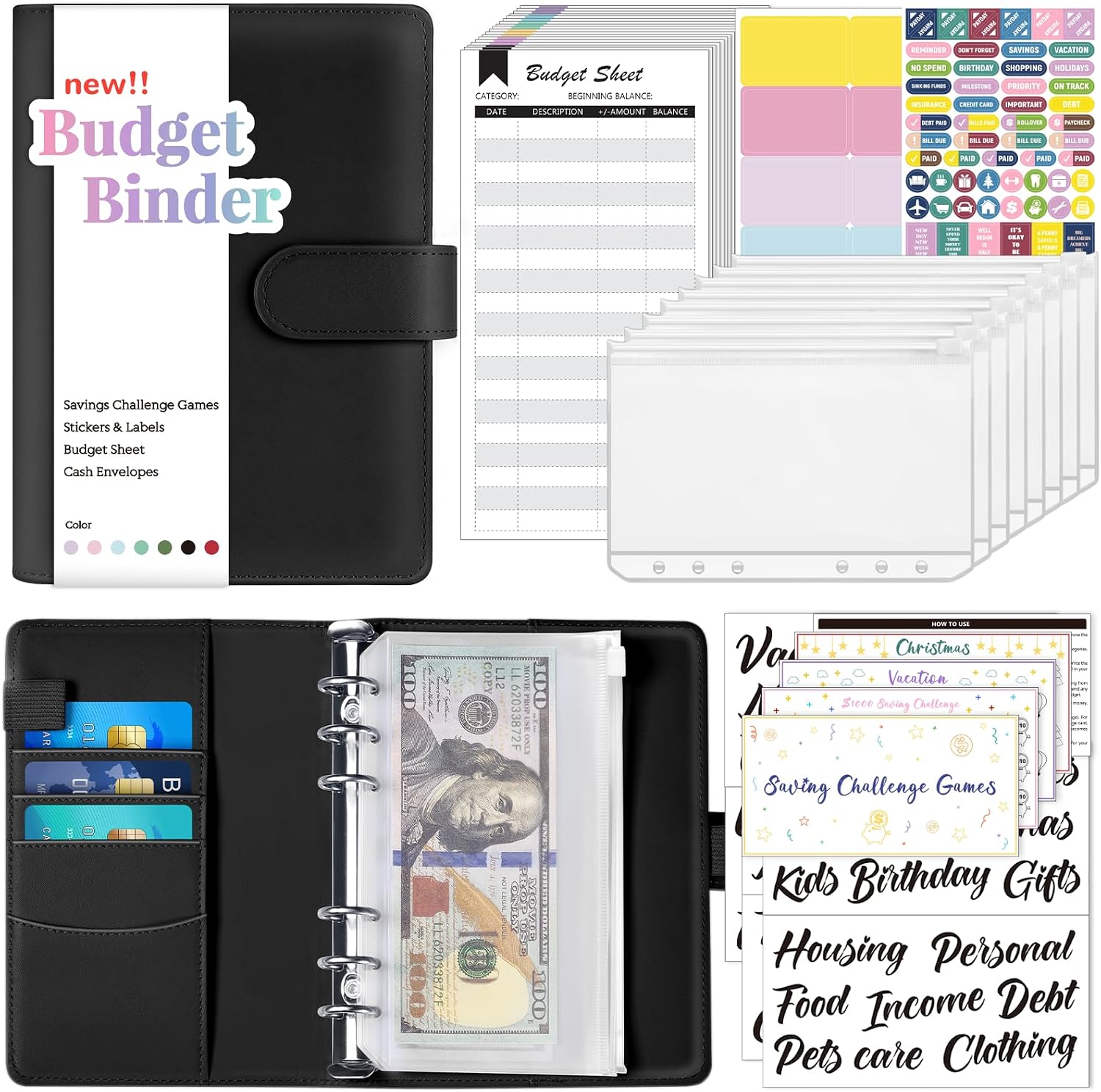 Sooez Budget Binder with Money Saving Challenge, Money Saving Binder with Cash Envelopes, Expense Sheets, Challenge Tracker & Category Labels, Envelope Savings Challenges Book for Home Office School