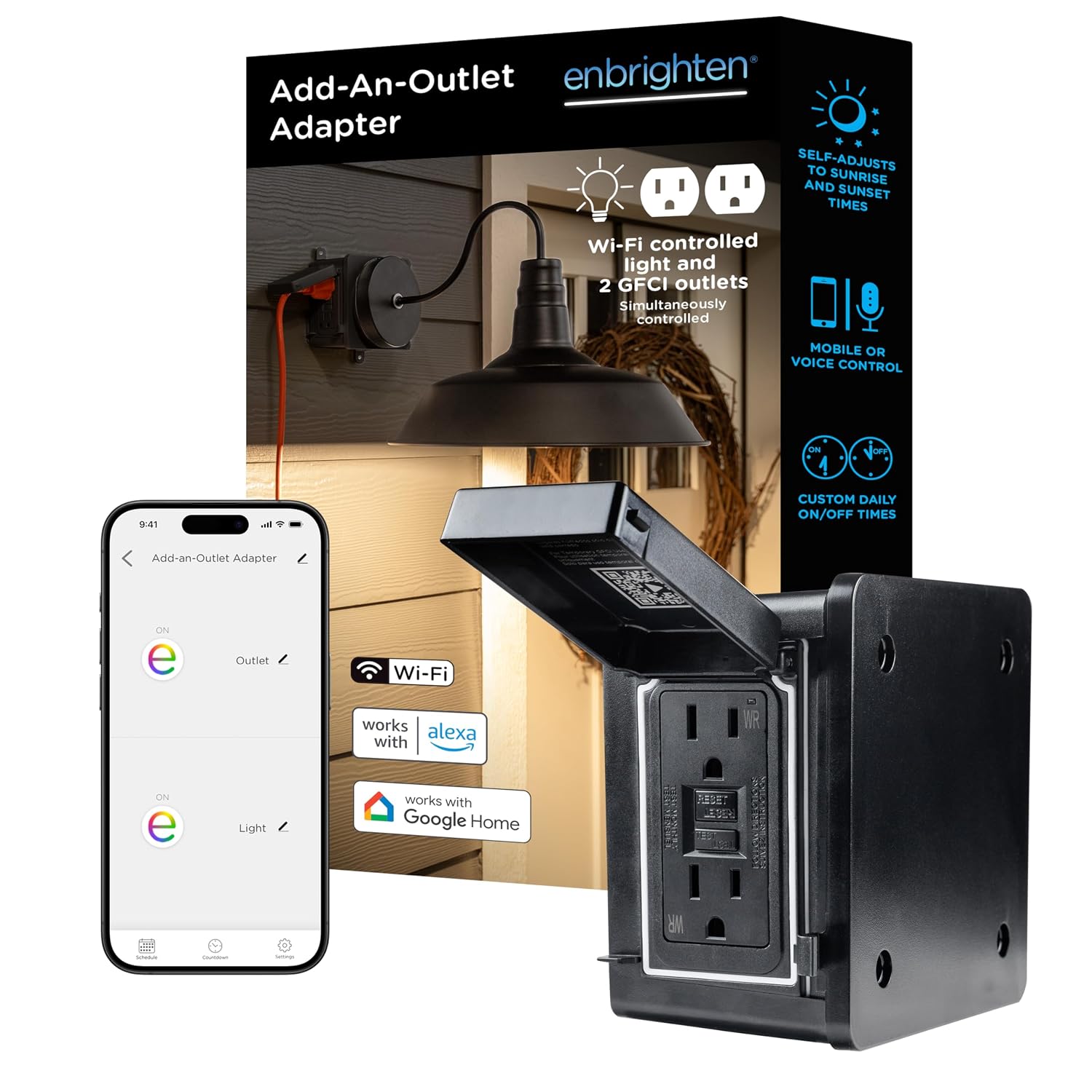 Enbrighten Vibe Add-an-Outlet Light Adapter, Smart Outdoor Outlet | with Two GFCI Outlets for Porch Lights, Security Cameras, Direct Wire, Works with Alexa, Google Assistant, Black, 80753