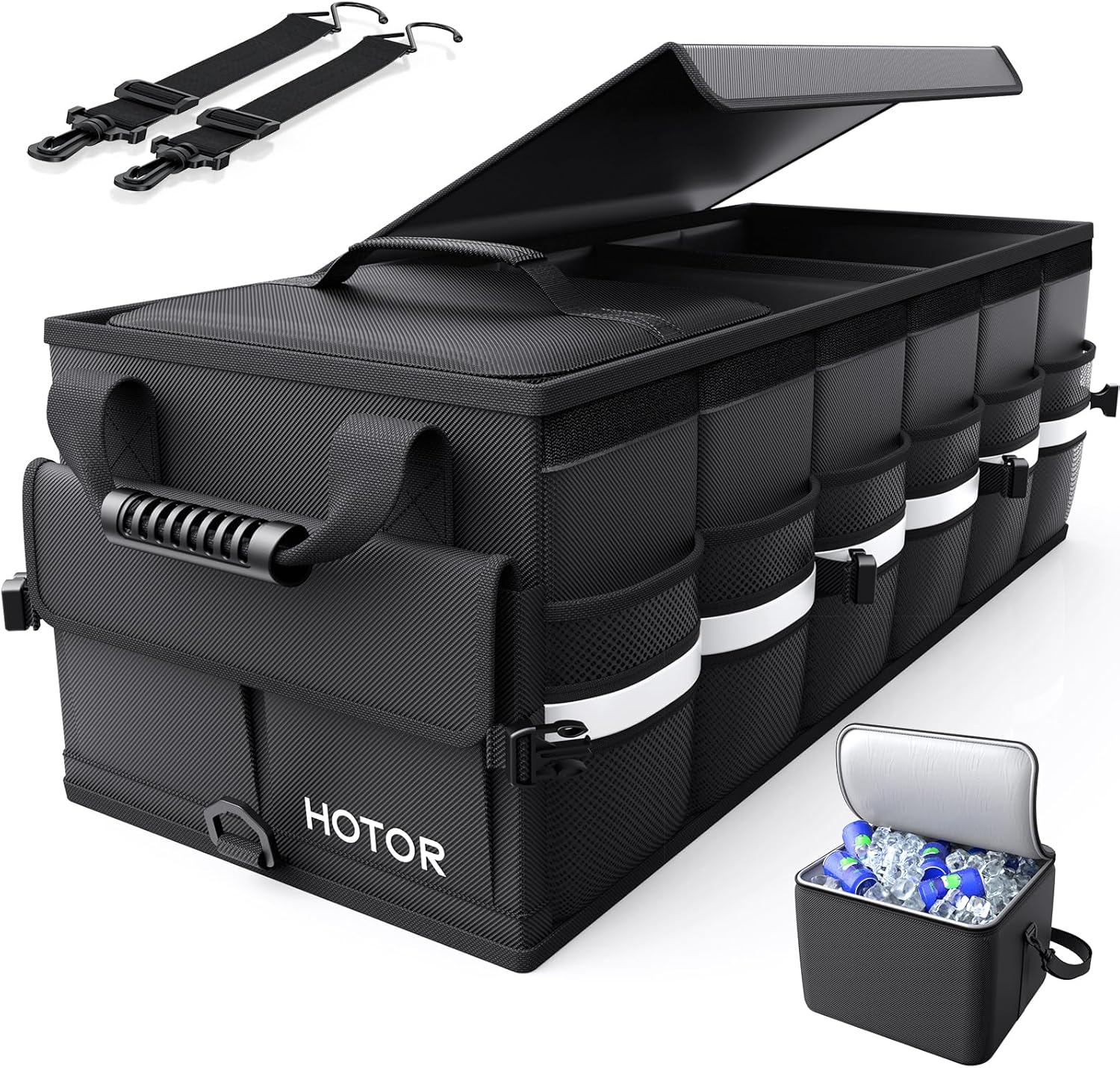 HOTOR Trunk Organizer – Car Organizers for SUV with Removable Cooler Bag | Foldable Cover, 3 Compartments Car Storage Essential Car Accessories for Truck, Van & Sedan, Black, 33.1″ x 12.6″ x 11.0″
