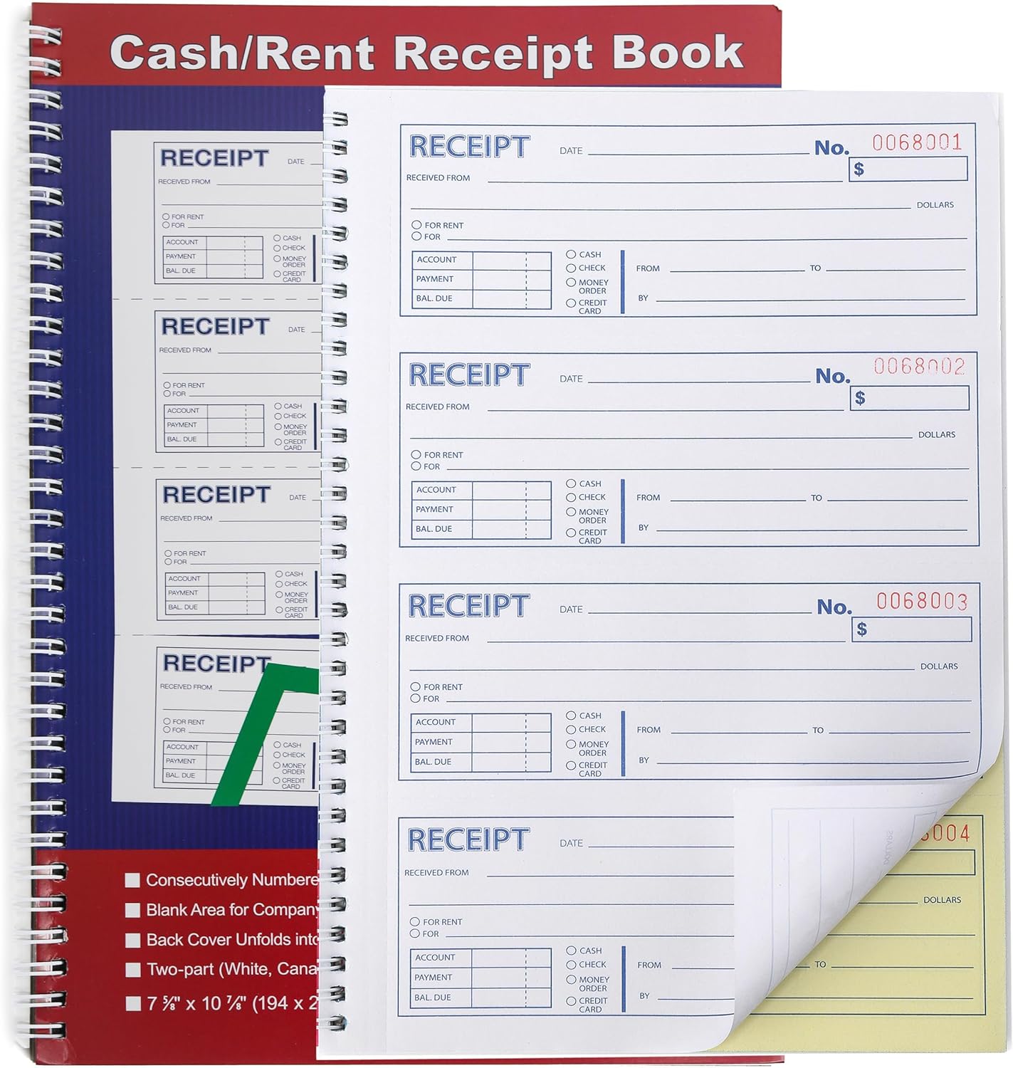 Money and Rent Receipt Book 2-Part Carbonless 7-5/8″ x 11″ Spiral Bound 200 Sets per Book 4 Receipts per Page(1pack)