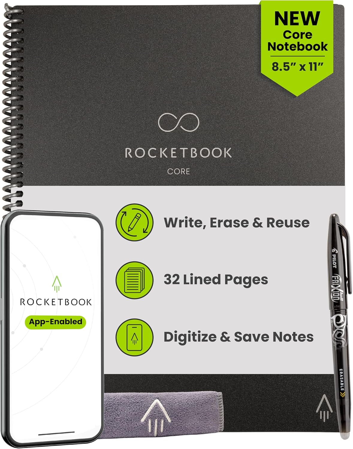 Rocketbook Core Reusable Smart Notebook, Letter Size 8.5×11, Black | Lined Pages For School Work and Creative Projects, Includes Pen and Towel