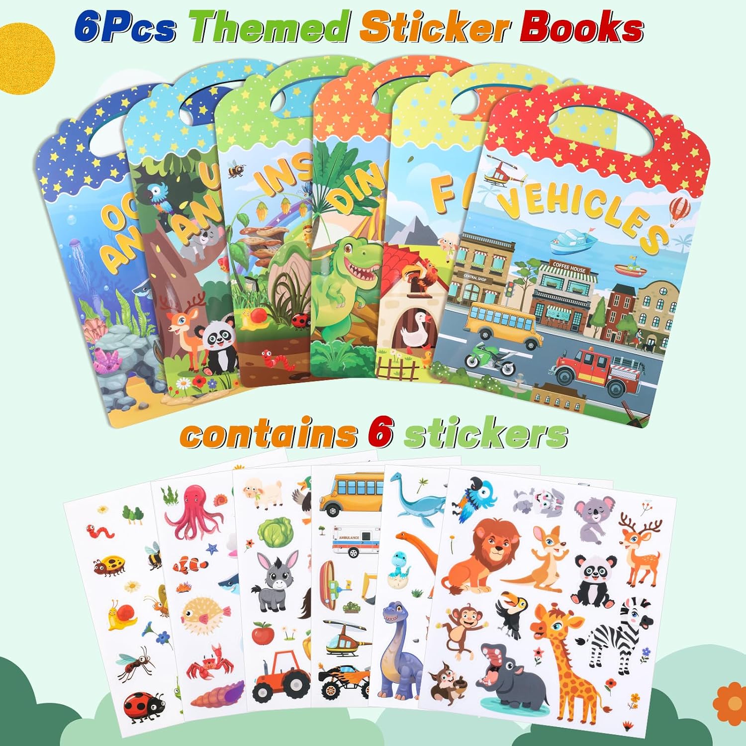 6Pcs Reusable Sticker Books, Sticker Books for Toddlers 2-4 Years Travel | Vehicles Insects Animals Dinosaurs Stickers Scenes for Crafts Parties Travel Boys Girls Gifts（Mixed Styles）