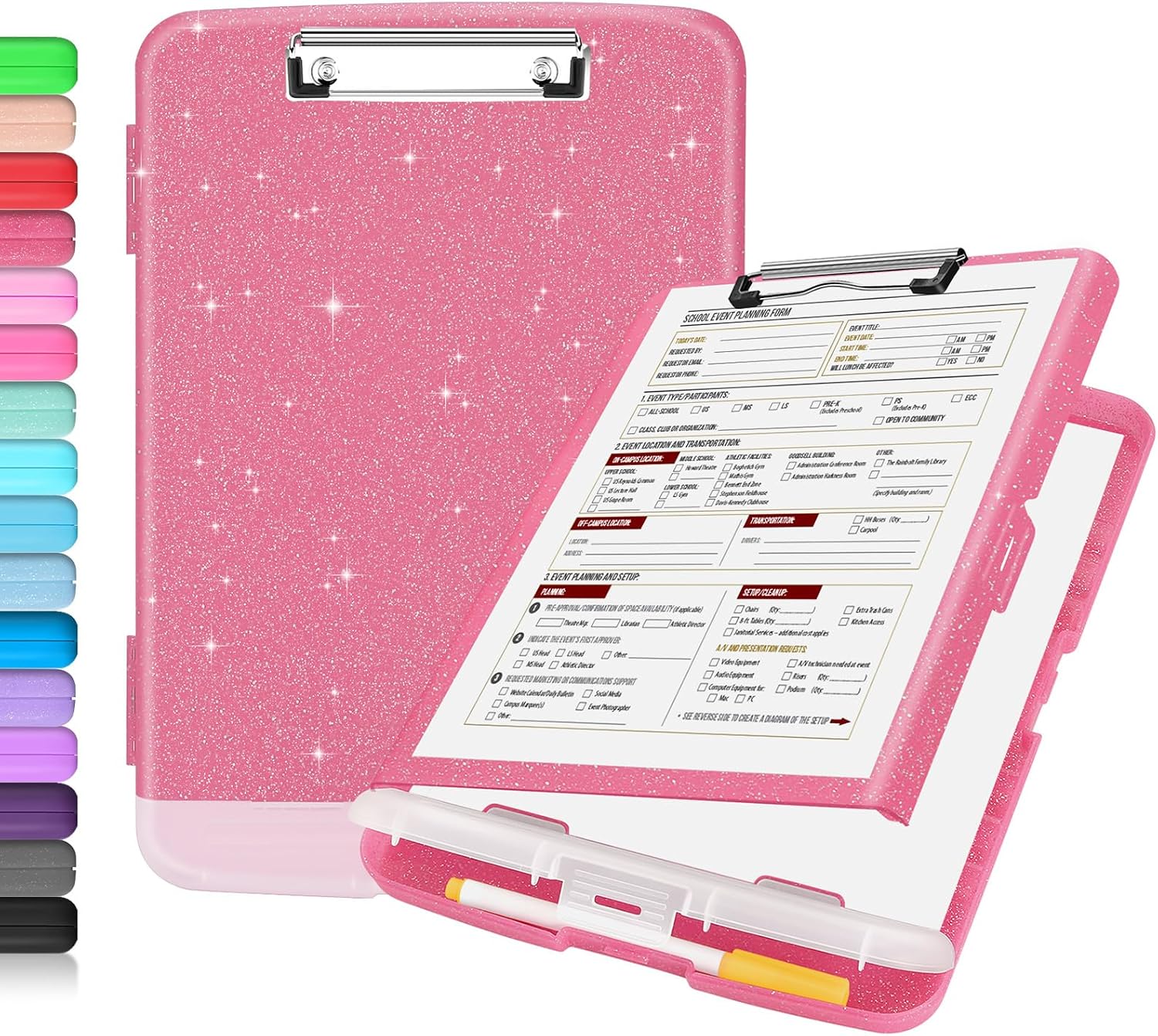 Sooez Glitter Clipboard with Storage, High Capacity Clip Boards 8.5×11 with Pen Holder, Cute Clipboards with Low Profile Clip, Sparkle Plastic Organizer Case Box for Women & Kids, Side Opening