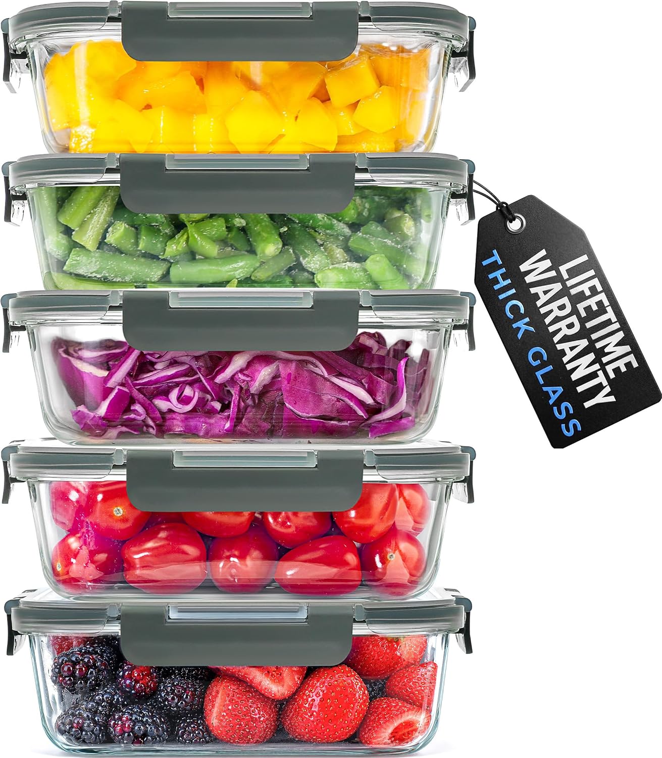 Zulay Kitchen 5 Piece Large 36oz Glass Storage Container Sets with Lids – Premium BPA Free Borosilicate Glass Food Storage Containers – Leak-Proof Meal Prep – Microwave, Freezer & Oven Safe – Gray