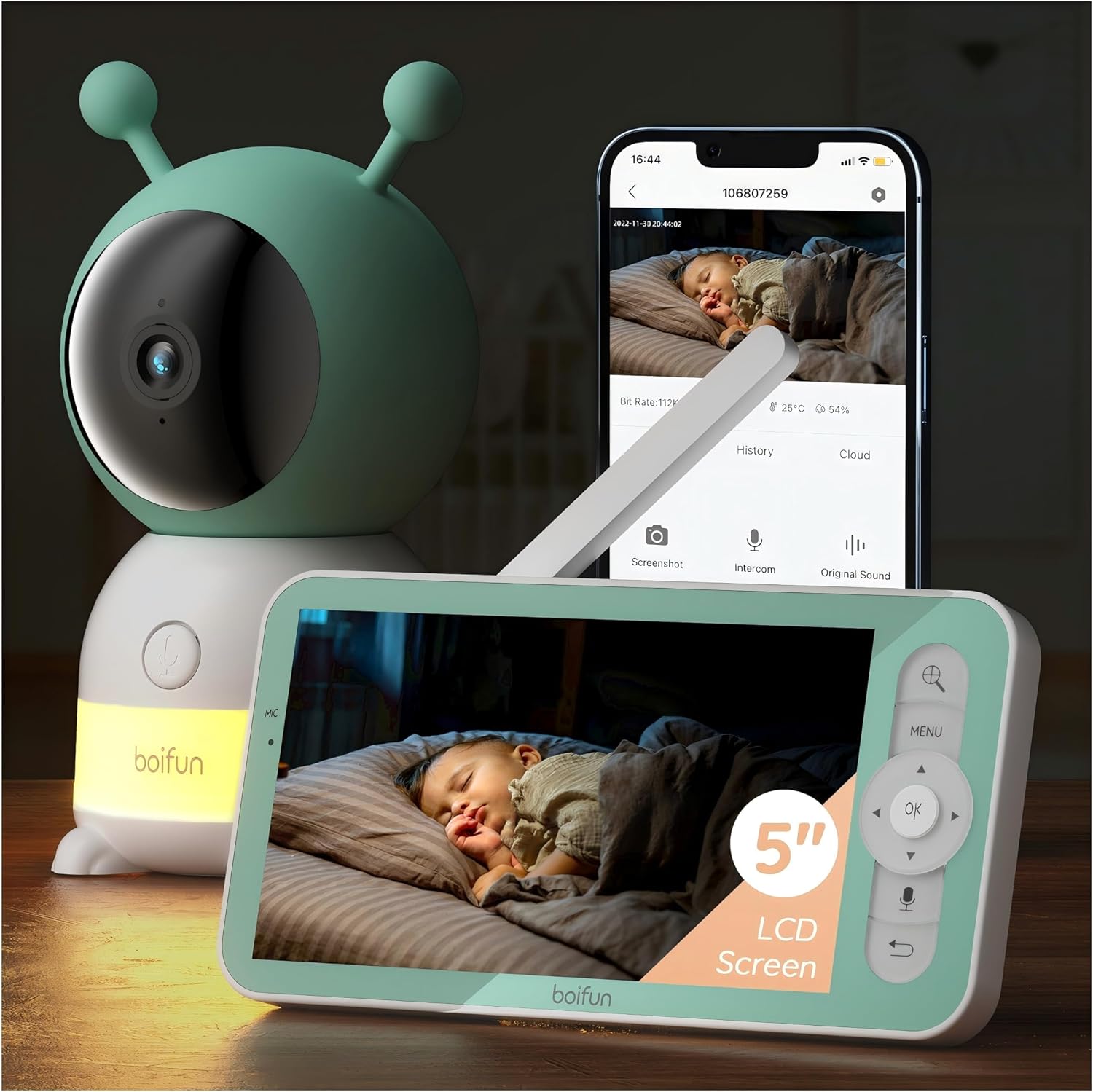 BOIFUN 2K WiFi Baby Monitor with Phone App, 5″ Screen, Smart Night Light | Split-Screen Control, Motion/Cries/Sound/Custom Alarm Zone Detect, Auto Tracking, Humidity Temp Detect
