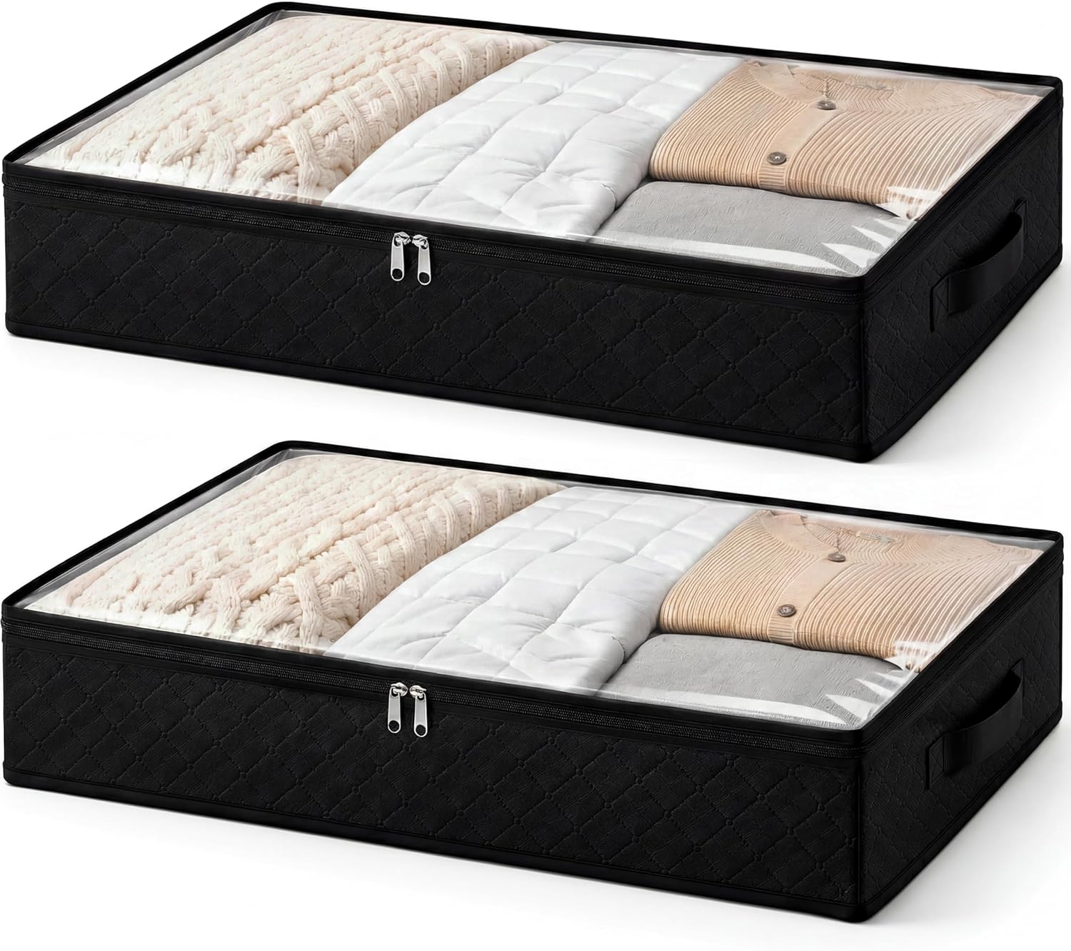 Fixwal Black Underbed Storage Bags with Clear Window and 2 Reinforced Handles Under Bed Storage Containers for Clothing, Bedding, Comforter (2 Pack) | Foldable Design, Clear Vinyl Window, Stainless Steel Zipper, Reinforced Handles, Dust-Resistant Under-Bed Use