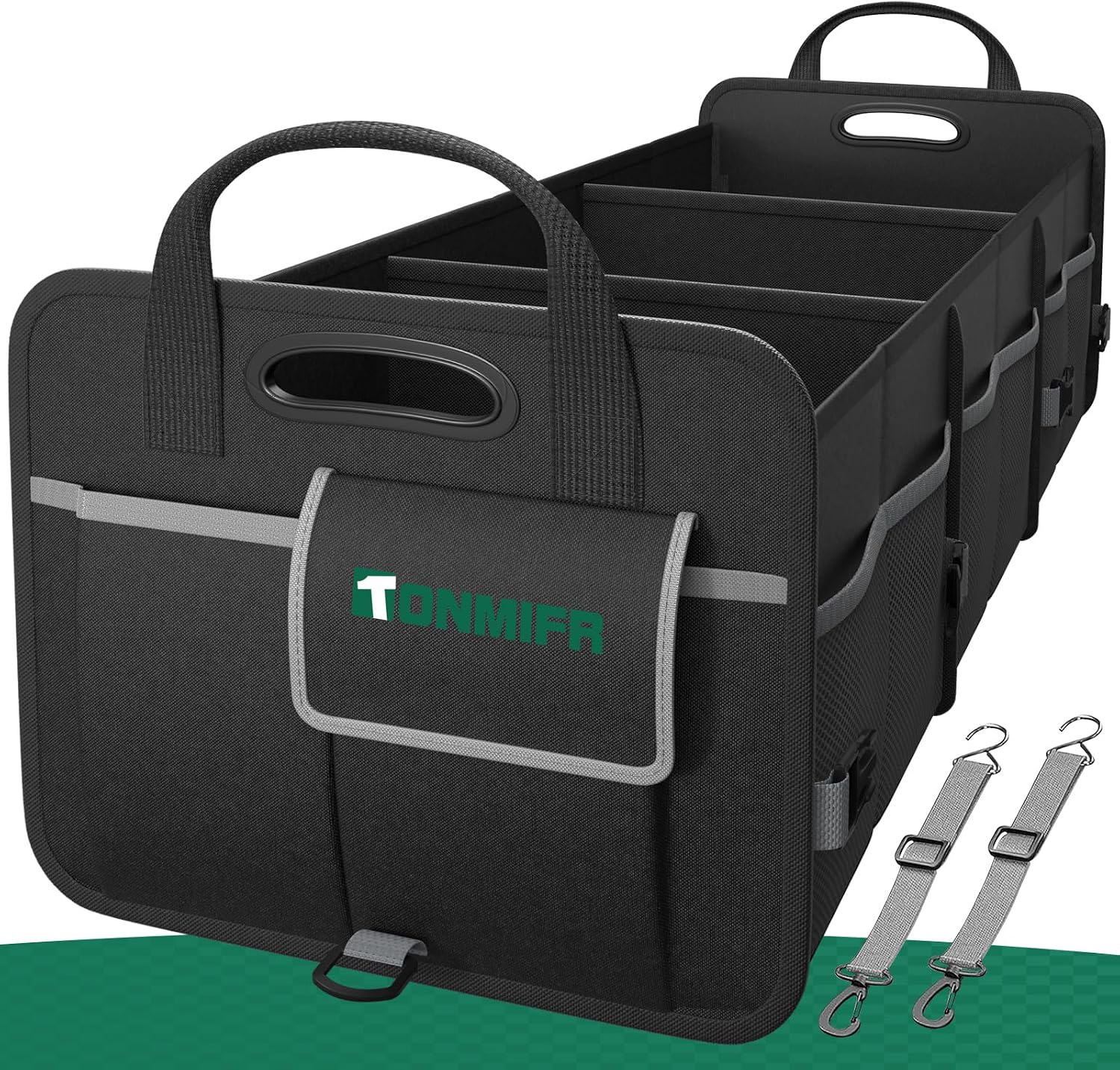 Heavy-Duty Trunk Organizer & Multi-Compartment Storage Box for SUV/Sedan/Minivan,600D Waterproof Oxford,2 Securing Hooks & Reflective Strips-Large Capacity Organiser(92L)
