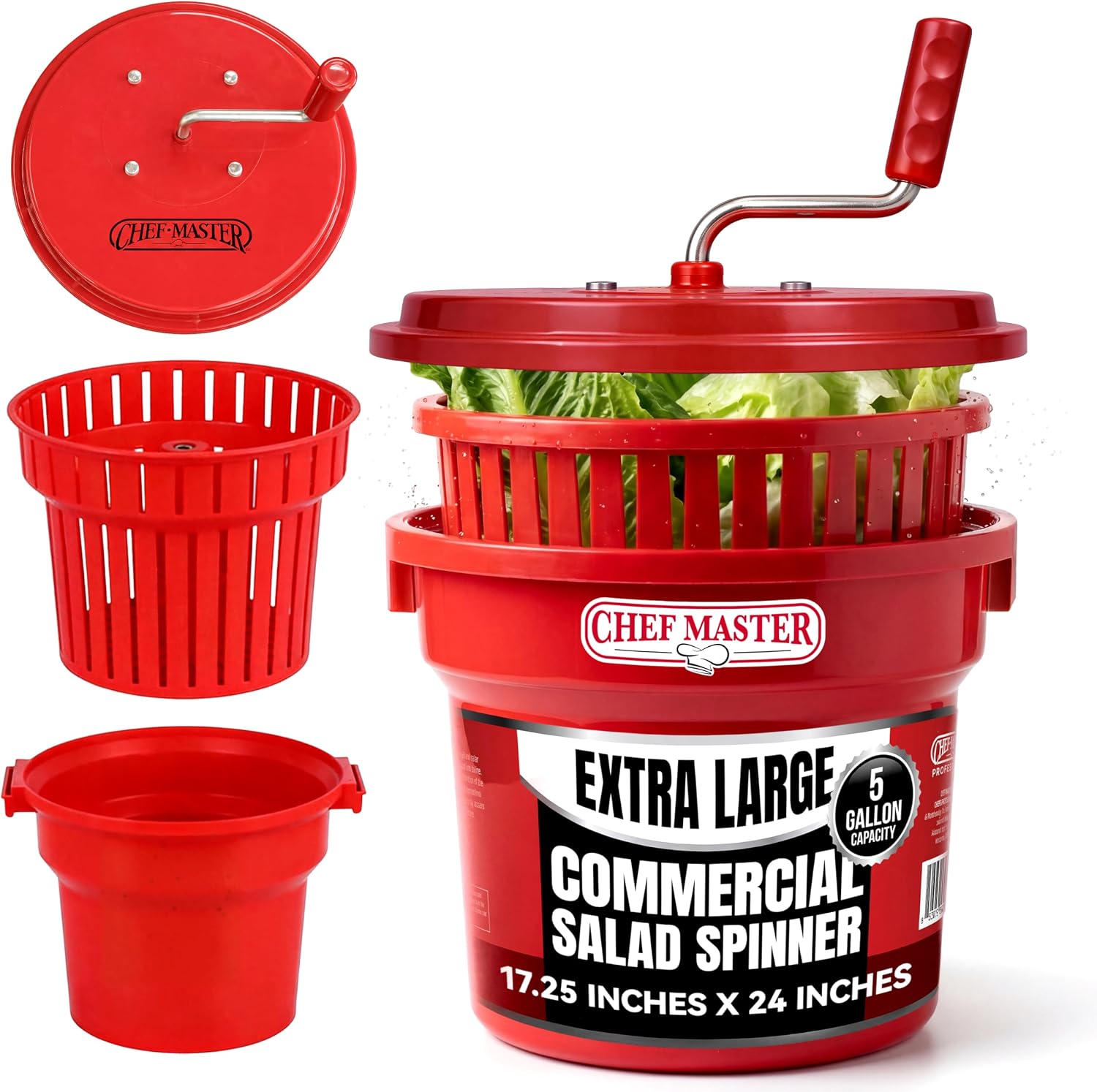 5 Gallon Chef Master Commercial Salad Spinner Dryer – Hand Powered Manual Lettuce Spinner and Fruit Washer Bowl w/ Strainer – Sealed Gearbox, Built In Brake System – Durable Spinner Mechanism – 90005