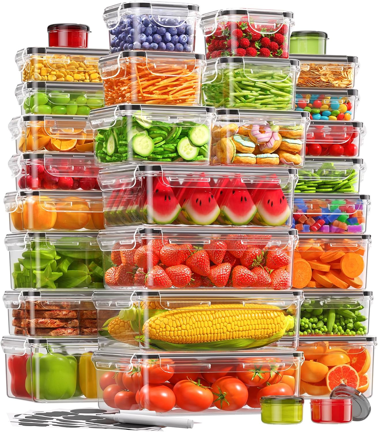 KEMETHY 60 PCS Food Storage Containers with Lids, Plastic Food Containers | BPA-Free, Leak Proof, Reusable, Microwave/Dishwasher Safe Meal Prep Containers with Labels & Pen, 30 Containers & 30 Lids