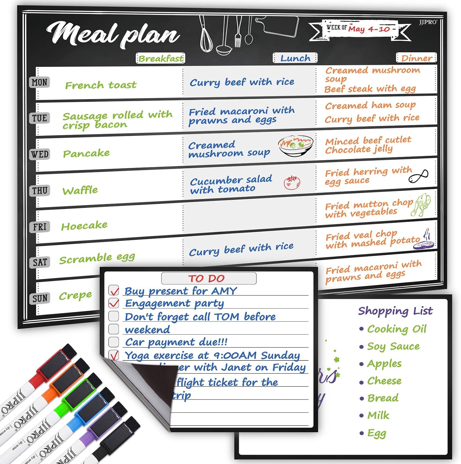 JJPRO Magnetic Dry Erase Meal Planning Whiteboard for Refrigerator-One 14.5×11 Weekly Menu Board and Two Notes Whiteboard for Kitchen Fridge-Refrigerator Organizer with Meal Planner Boards
