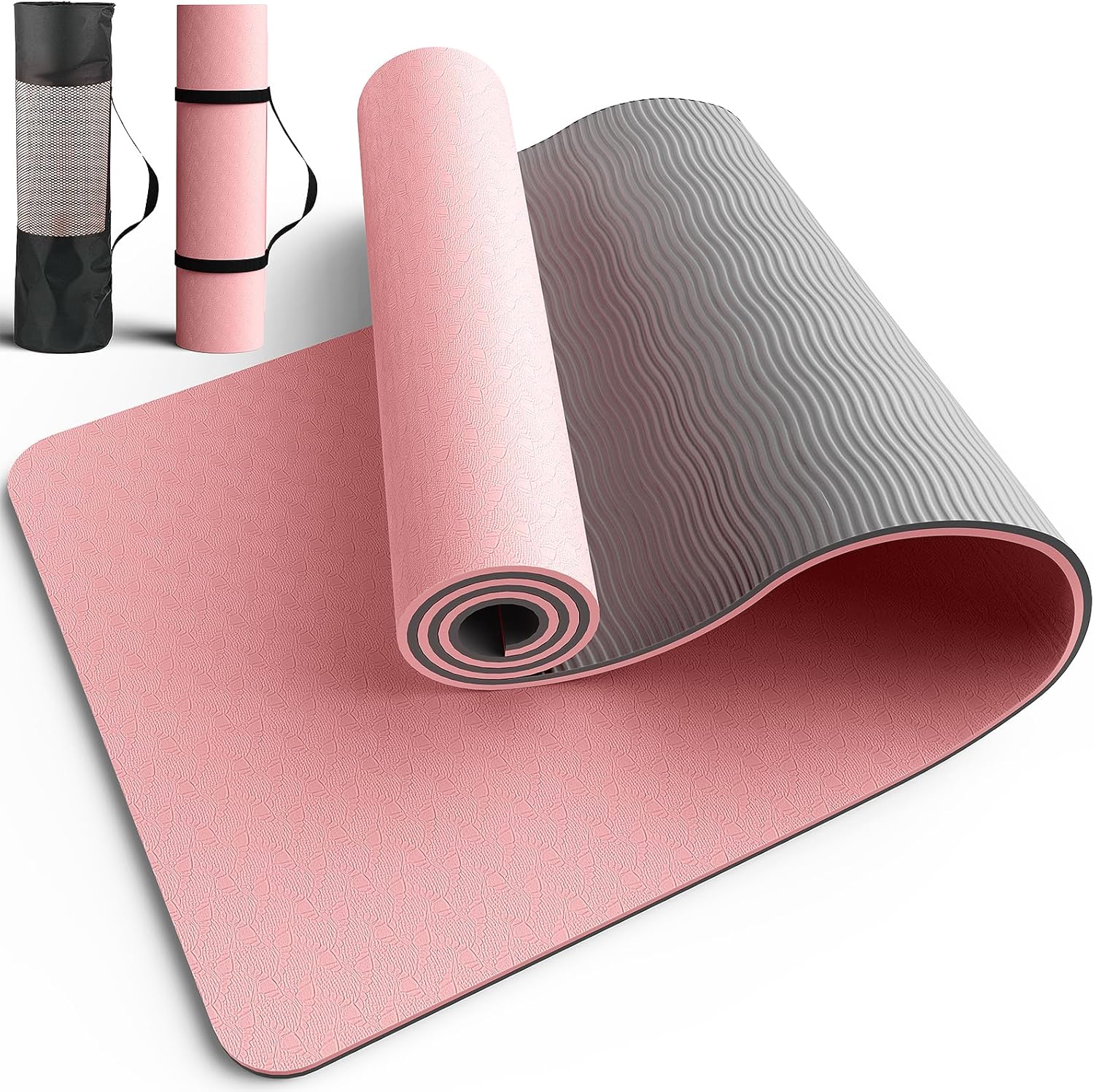 Pureegg Non Slip Yoga Mat, TPE, 72″ x 24″ x 0.24″, Pilates | Workouts, Exercise, Core Training, Dual-Sided Texture, Stays Flat, Portable, With Strap & Carry Bag