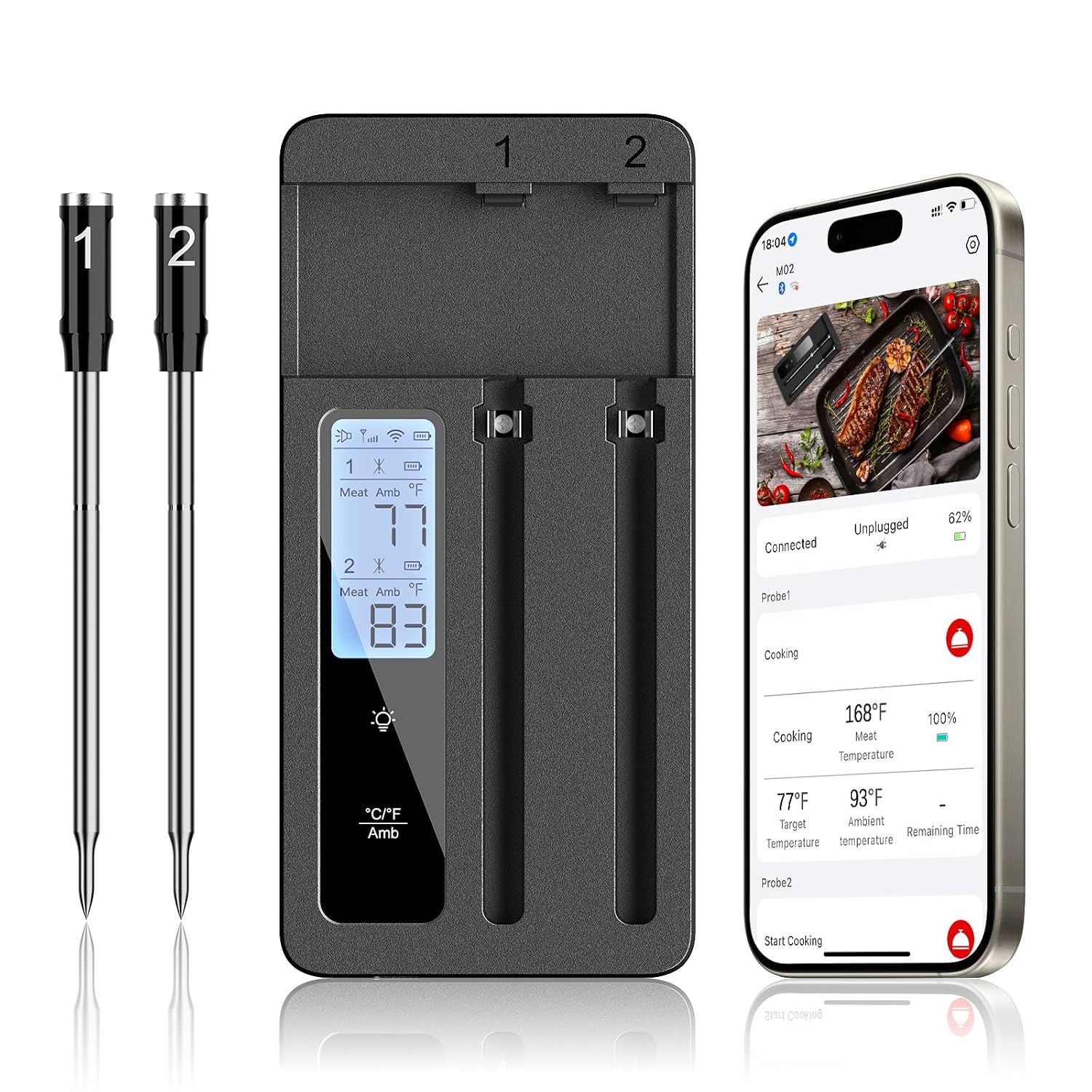 Smart Wireless Meat Thermometer with Dual Probes – Advanced Bluetooth Cooking Thermometer for Perfect Grilling, Smoking, Oven Roasting & Air Frying, Long Range Monitoring & Smart Alerts（Black