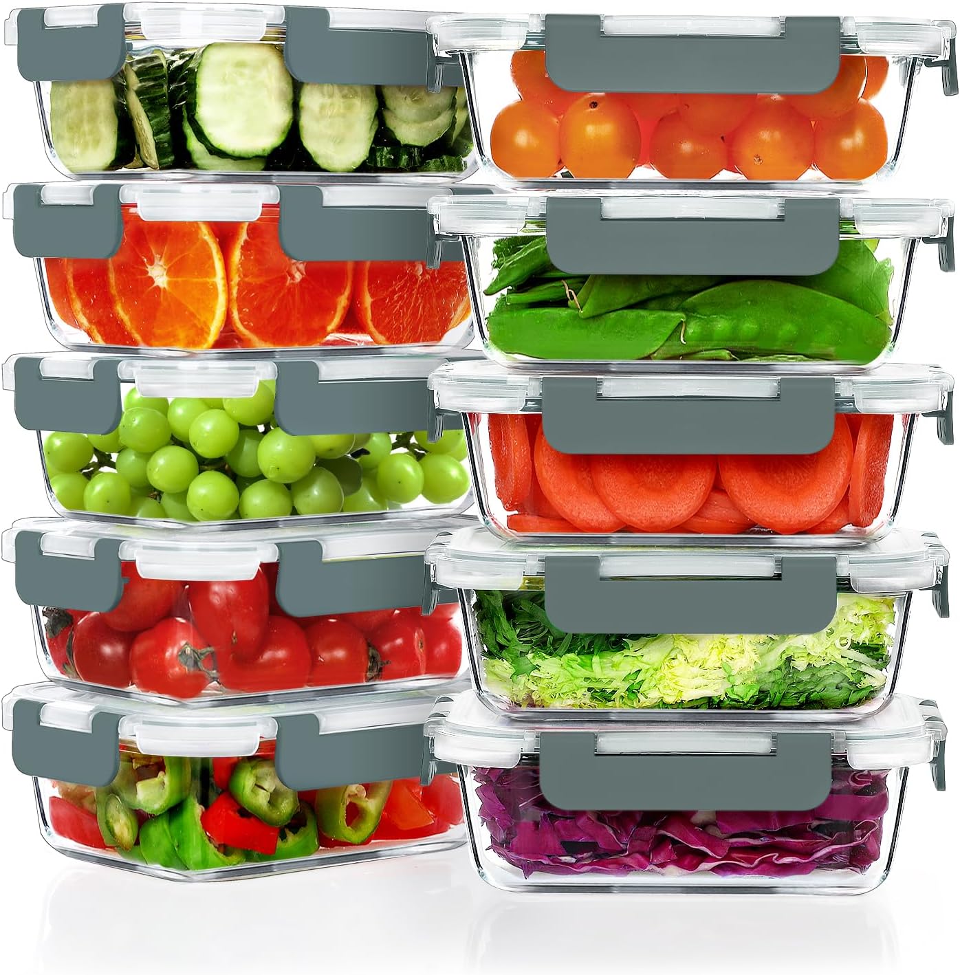 VERONES 10 PACK 22 OZ Glass Meal Prep Containers Set with Lids, Grey | Airtight Glass Lunch Containers Set, Glass Food Storage Containers, for Microwave, Oven, Freezer & Dishwasher Friendly