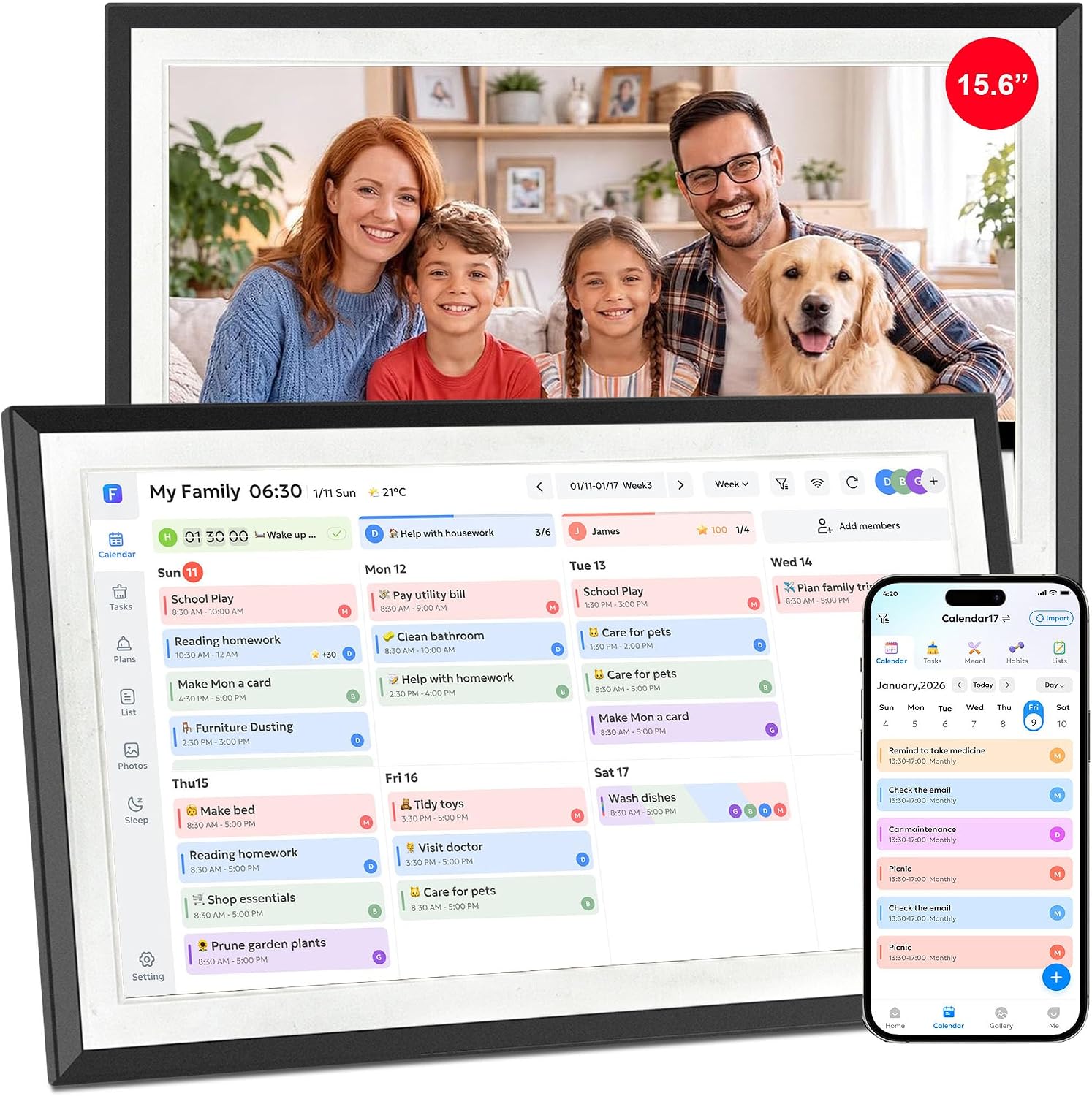 Digital Calendar Wall Touch Screen 15.6″ HD Smart Family Planner | Whole-Family Schedule Sync, Chore Rewards & Meal Planning, Zero Subscription Fees, Photo Frame