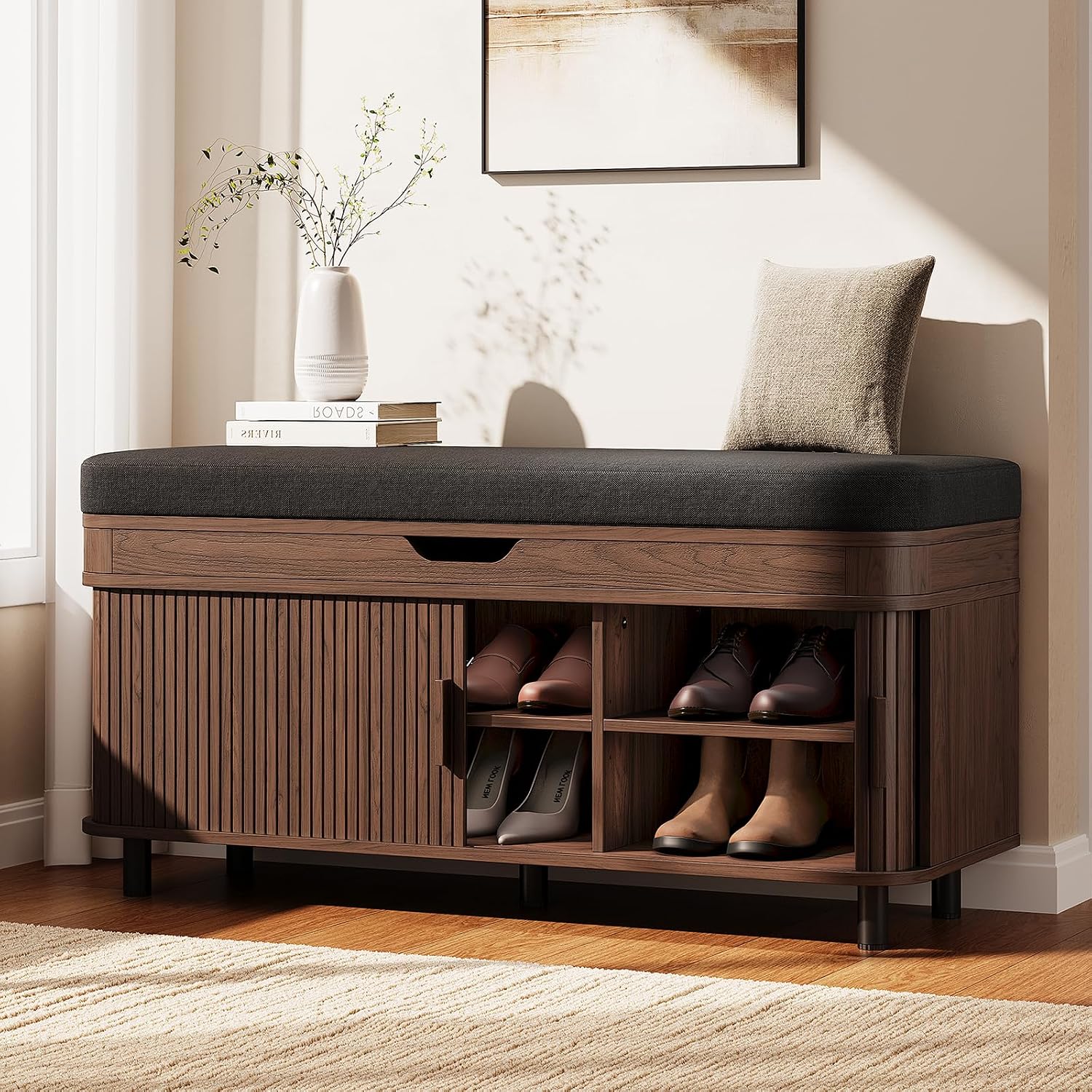 43.3″ Shoe Storage Bench with Lift Top Storage, Entryway Bench with Storage&Cushion, Fluted Shoe Bench with Sliding Doors, Adjustable Shelf, for Entryway, Hallway, Living Room, Walnut