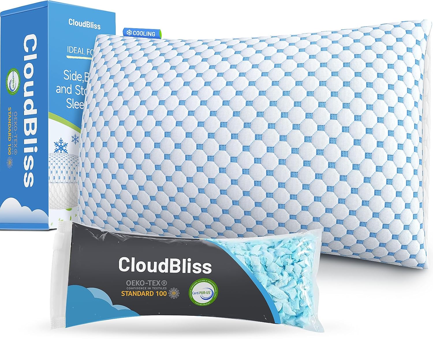 CloudBliss Shredded Memory Foam Pillow, 1 Pack Queen Size | Adjustable, Cooling, Breathable Washable Cover, CertiPUR-US Certified, Side/Back/Stomach Sleepers
