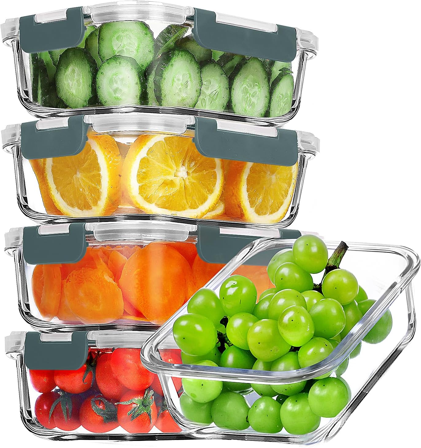 VERONES 5 PACK 36 OZ Glass Meal Prep Containers Set with Lids, Grey | Airtight Glass Lunch Containers Set, Food Storage Containers with Lids, for Microwave, Oven, Freezer & Dishwasher Friendly