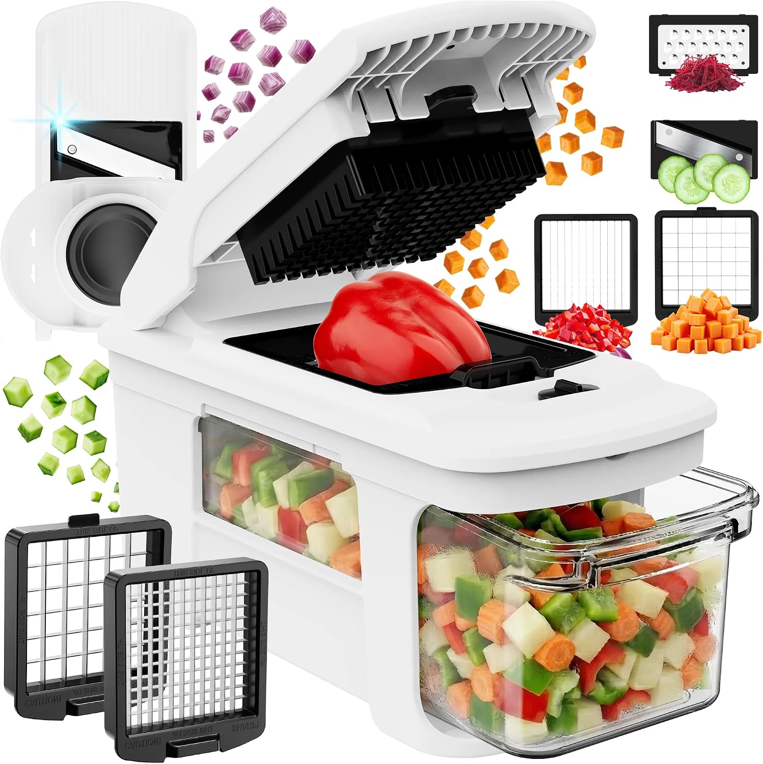 Fullstar Pro XL Vegetable Chopper & Mandoline Slicer w Pull-Out Catch Tray | 4 in 1 Veggie, Onion & Fruit Slicer, Dicer & Grater with Sharp Stainless Steel Blades – XL Food Prep Set (White)