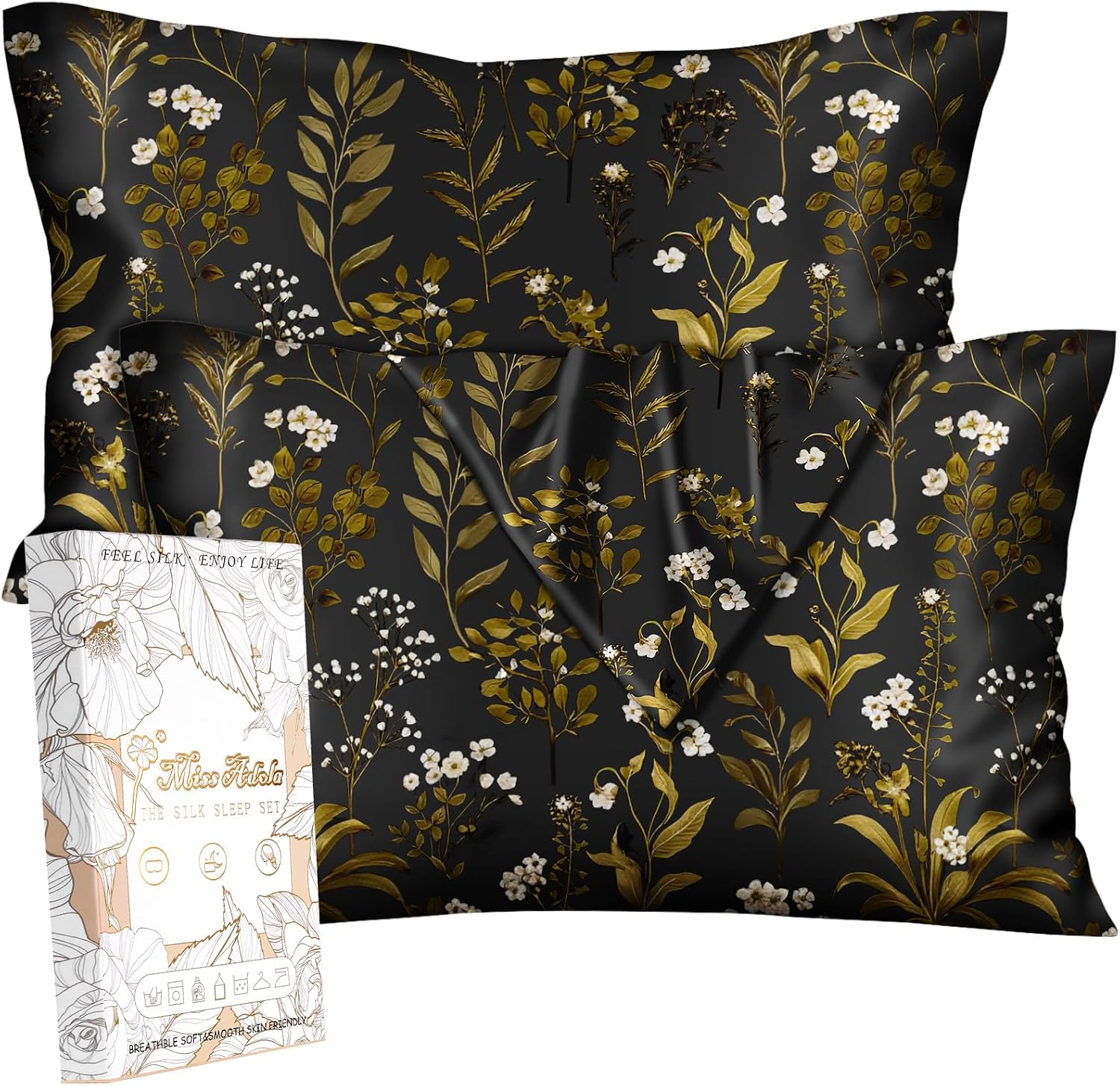 Silk Pillow Cases 2 Pack – Standard Size 20 x 26 Inch Silky Pillowcases for Hair and Skin Soft Cooling Smooth Aesthetic Bed Sleeping Pillow Cover with Zipper for Women, Leaf Flower
