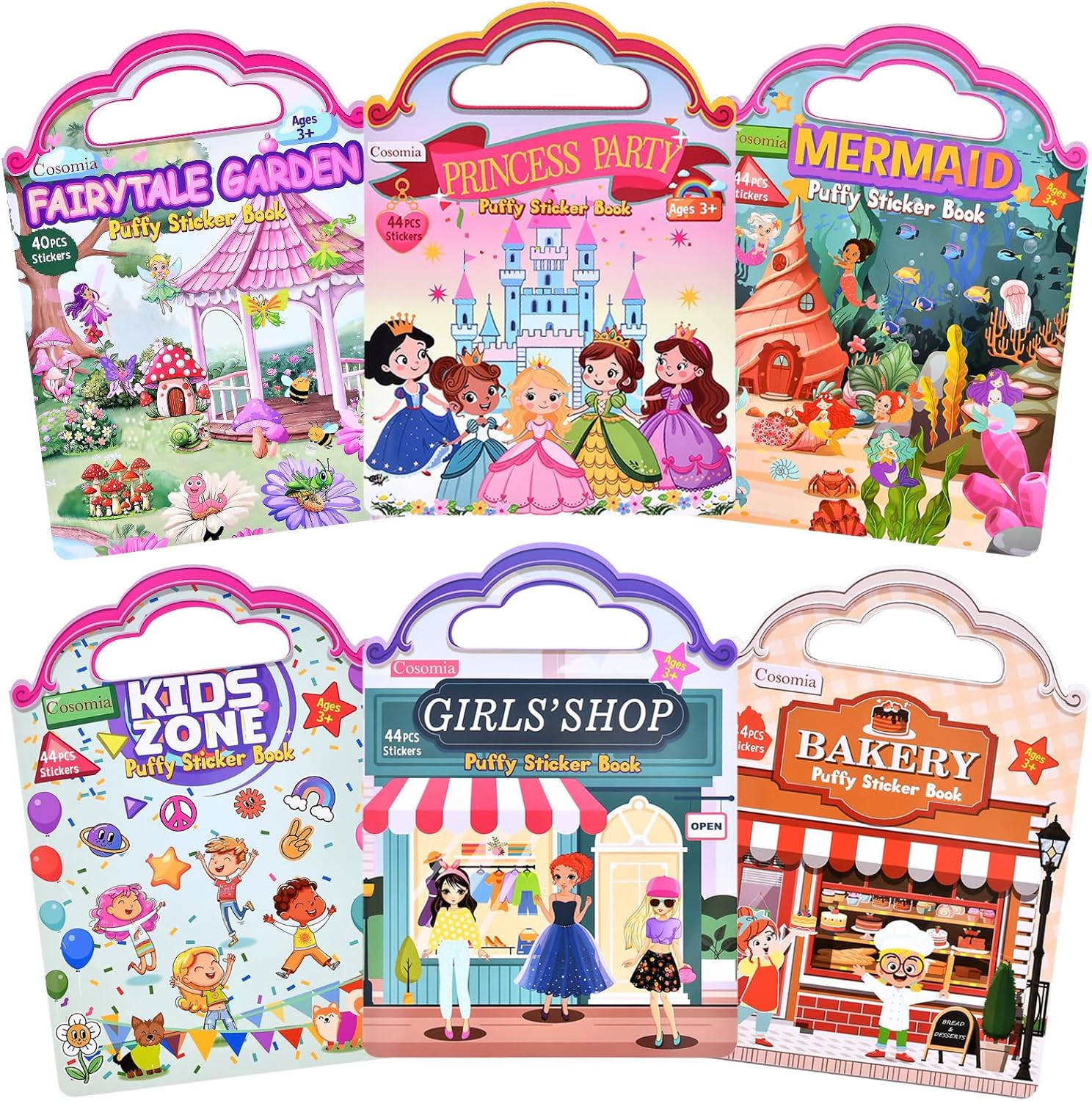 6 Set Puffy Sticker Book, Reusable Sticker Books for Toddlers | 260pcs Fairytale+Garden+Princess Party+Mermaid+Kids Zone+Girls’ Shop, Travel Toys Book for Kids Ages 3+
