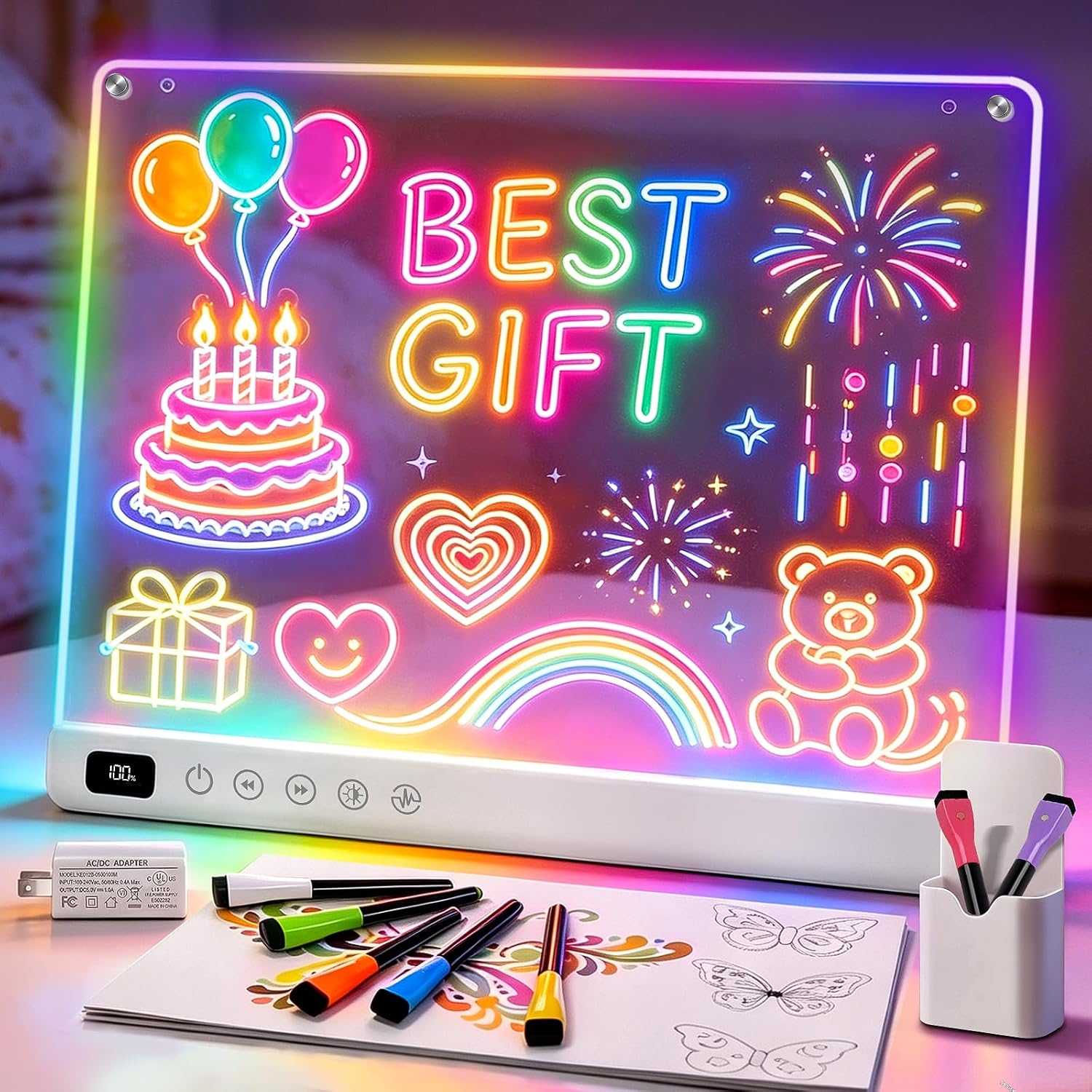 Cosmody Rechargeable LED Drawing Board for Kids, Large 16″ Light Up Drawing Pad with 8 RGB Colors & 6 Dynamic Modes, Neon Art Dry Erase Board with Tracing Book & 7 Markers,Creative Gift for Girls Boys