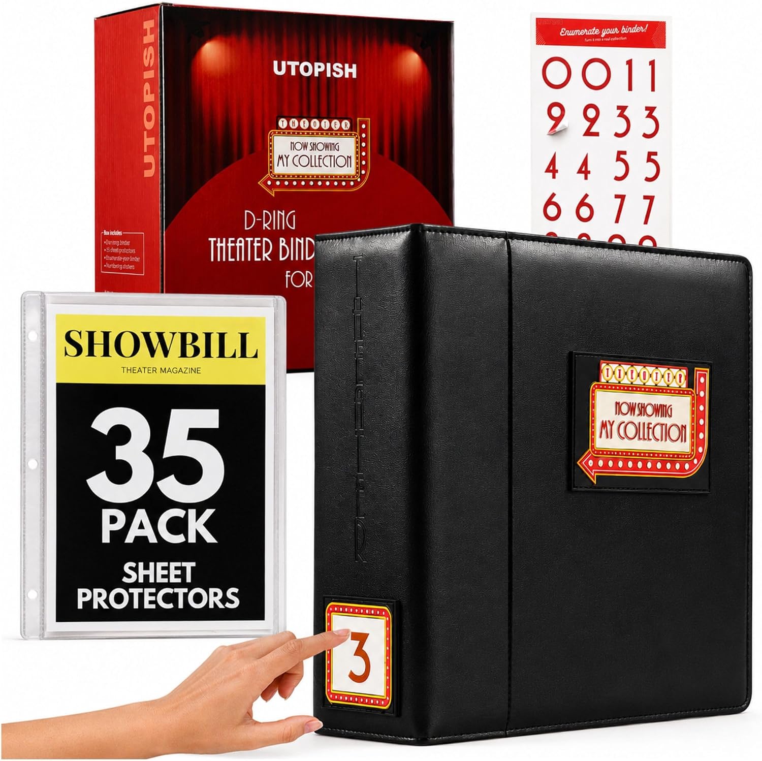 Show-Bill Binder with 35 Sleeves – Large Broadway Show-Bill Holder Bundle | Elegant Black PU Leather – 35 Sleeves Fit Mid-’80s to Modern Show-Bills – Numbering Stickers Included to Stay Organized