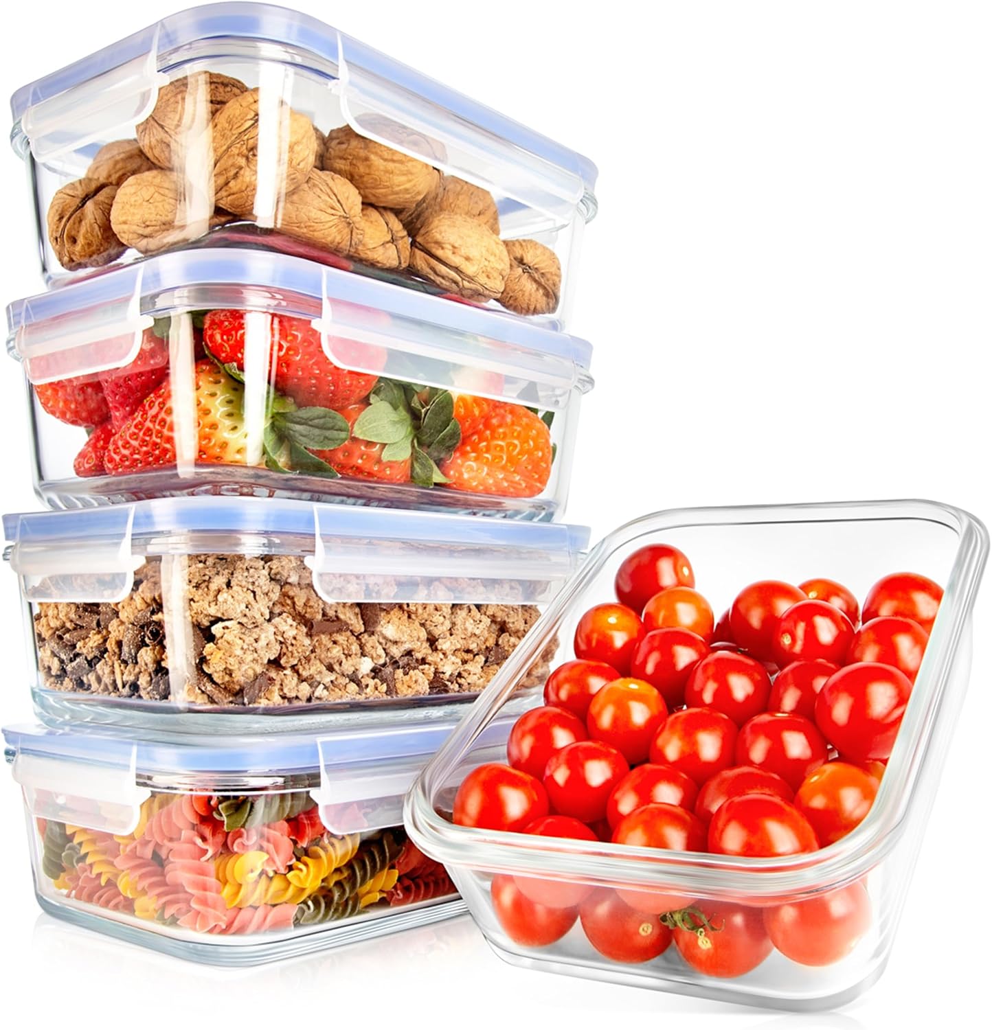 NutriChef 10 Piece Glass Food Storage Containers with Lids – 30 oz Meal Prep Containers Reusable – Airtight Glass Lunch Containers for Food Storage – Freezer to Oven Safe – Blue