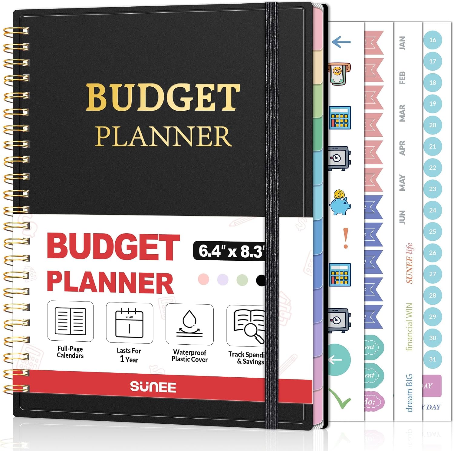 SUNEE Budget Planner – Monthly Budget Book with Expense Tracker Notebook, Undated 12 Month Bill Organizer & Finance Planner to Manage Your Money, A5(6.4″ x 8.3″) Account Book with Colorful Tab, Black