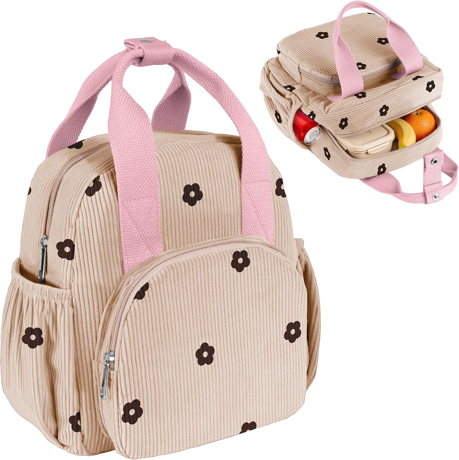 Insulated Corduroy Lunch Bag for Teen Girl Kid Women, Large Lunch Box, Reusable Portable Leakproof Lunchbox for School Travel Office Picnic (Flower Khaki)