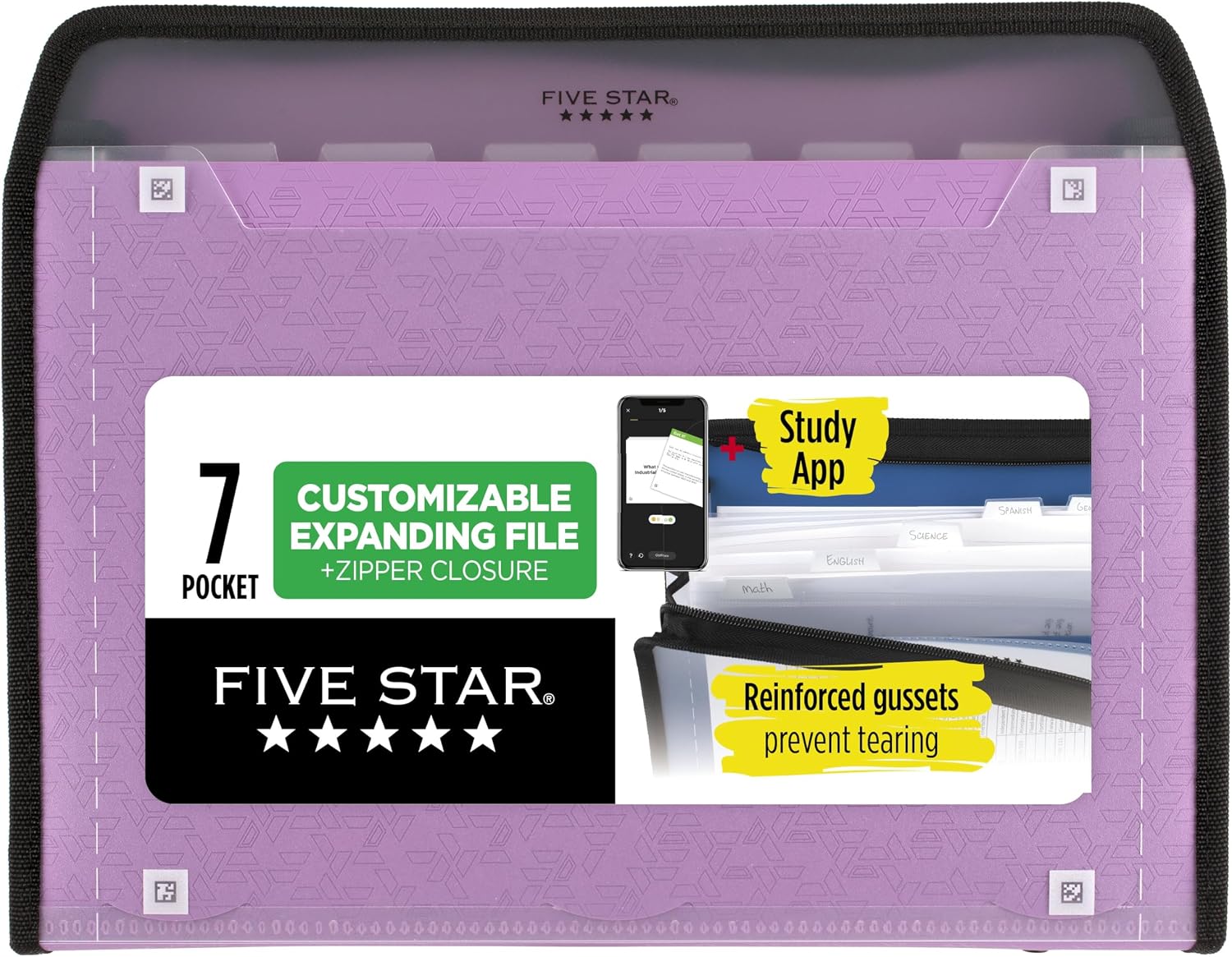 Five Star Expanding File Organizer + Study App, 7-Pocket Accordian File Organizer, Zipper Closure, Holds 8-1/2″ x 11″ Paper, Amethyst Purple (350099G-ECM)