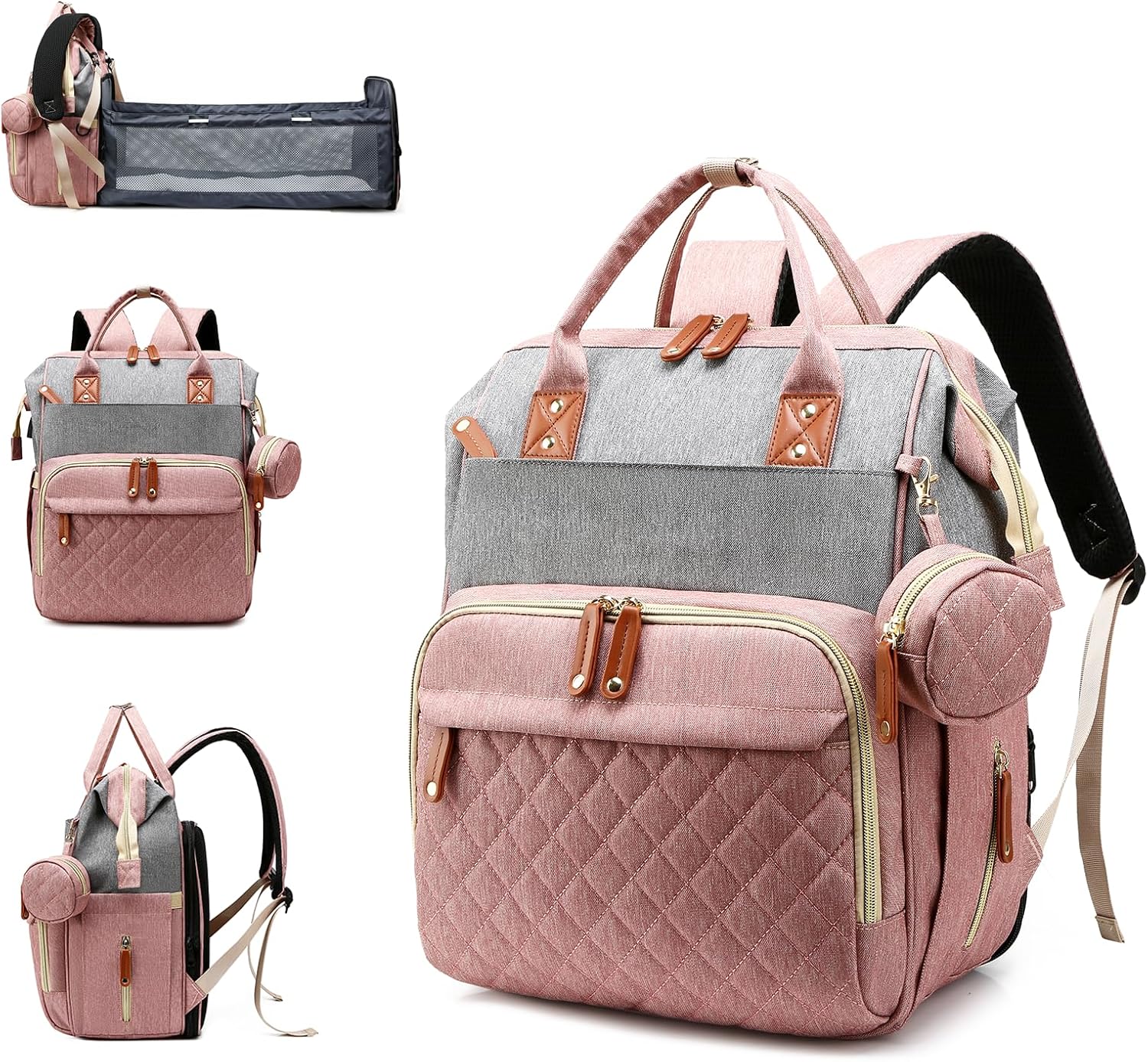 Diaper Bag with Changing Station, Waterproof 3 in 1 Diaper Backpack with Foldable Changing Pad, Large Travel Backpack for Mom & Dad, Baby Gift for Baby Girl & Boy, Pink-Grey