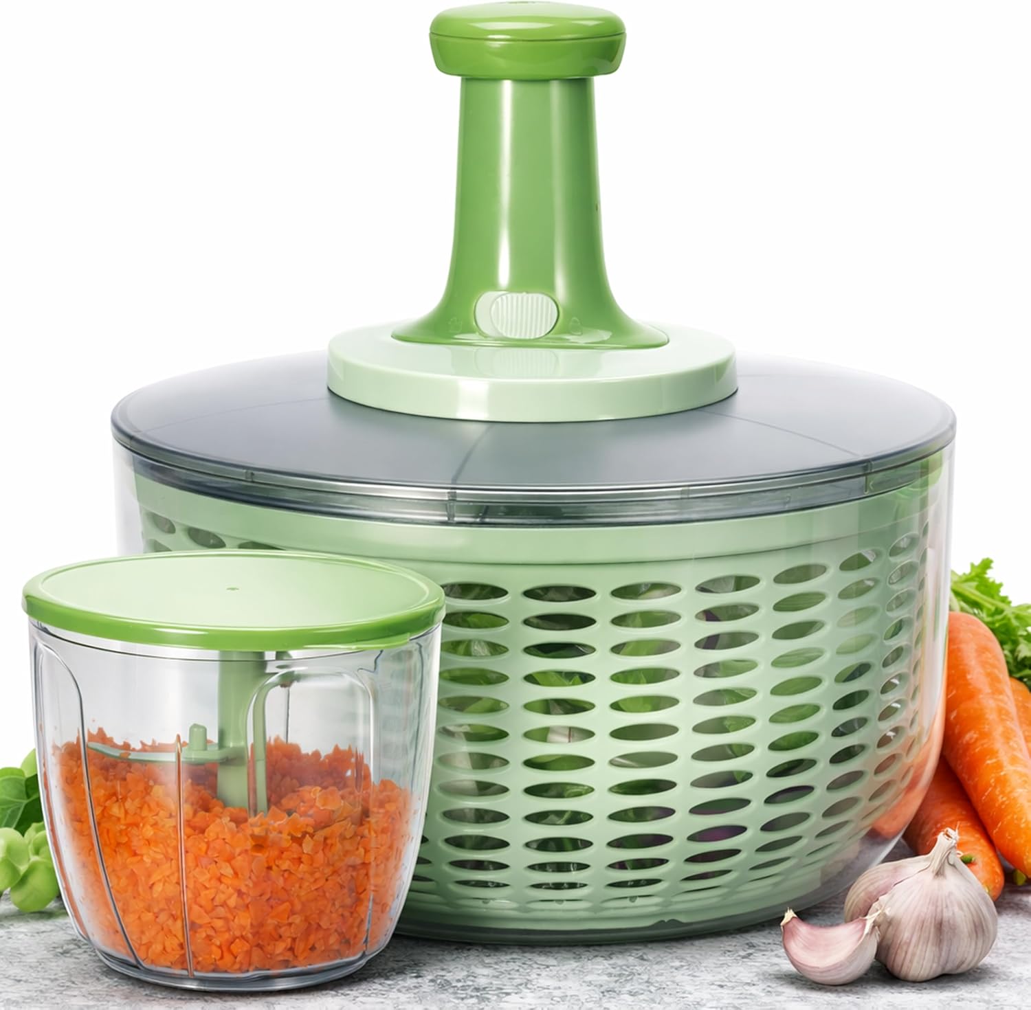 Brieftons Salad Spinner and Chopper Combo: Large 6.34-Quart Lettuce Greens Vegetable Washer Dryer with Bonus 0.95-Quart Push Veggie Chopper Mixer, Storage Lids, Collapsible, No Electricity, Easy Prep