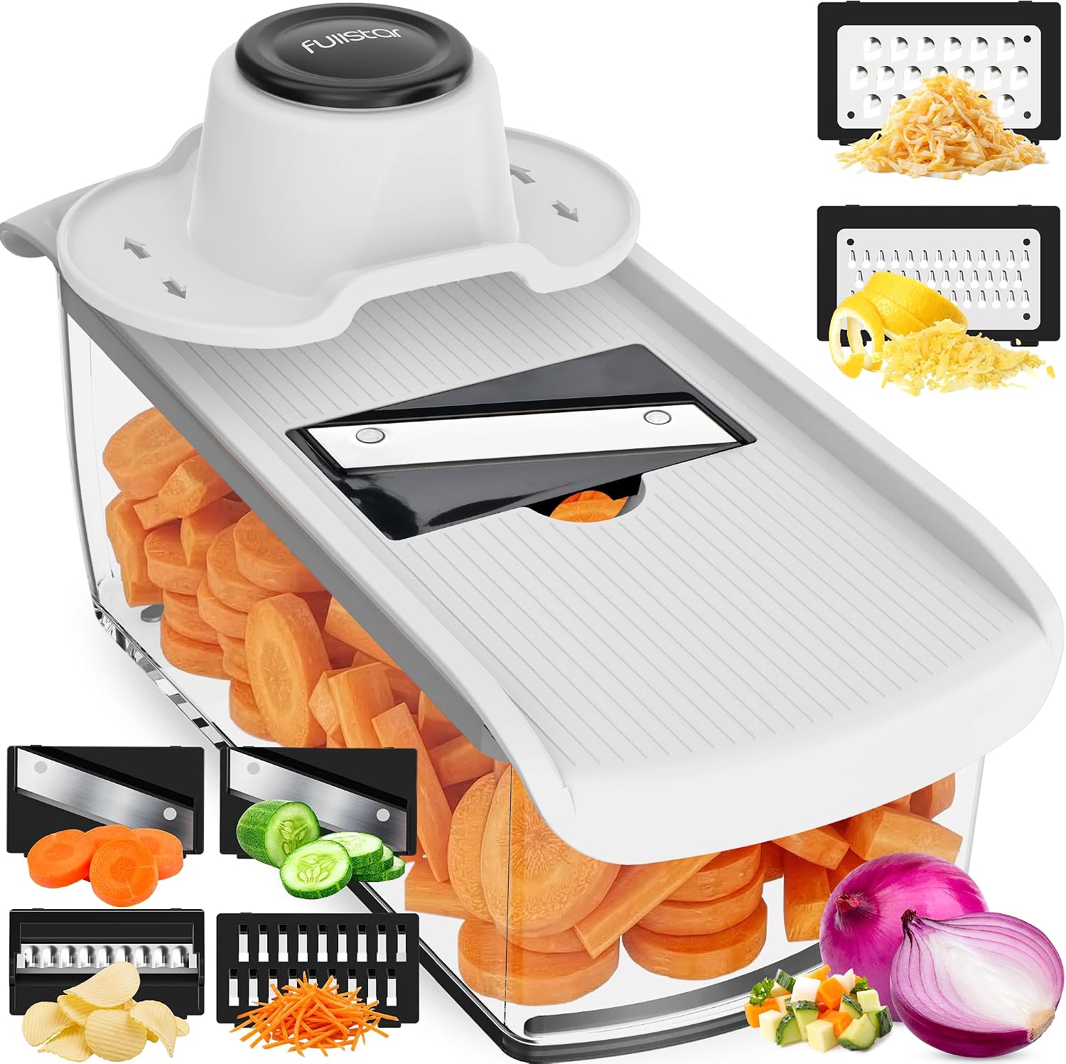 Fullstar Pro Mandoline Vegetable Slicer, Grater & Spiralizer with Container | 6 in 1 Fruit Cutter, Cheese Grater & Spiralizer with Safety Gloves, Stainless Steel Blades & Container (White)