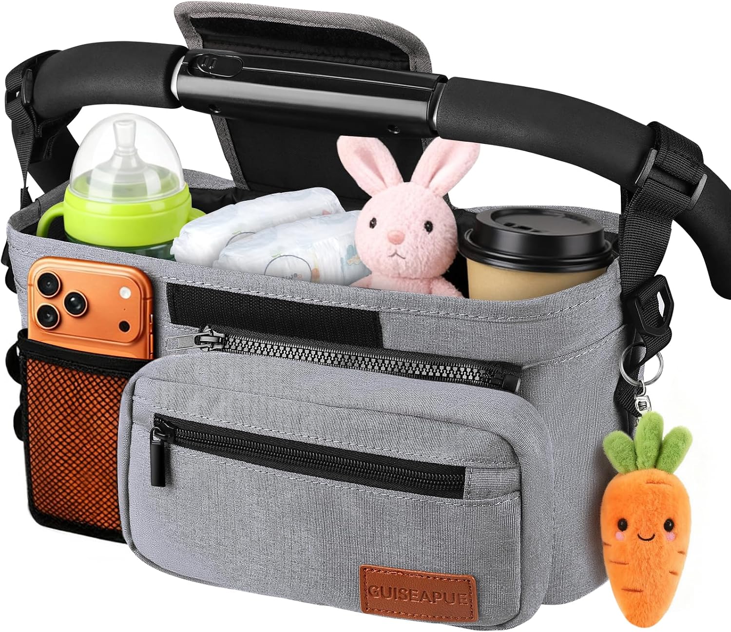 Universal Stroller Caddy with Cup Holder, Stroller Organizer Bag for Travel | Walker Stroller Diaper Bag with Detachable Phone Bag, New Moms Baby Shower Gifts, Accessories Fits for Uppababy, Baby Jogger
