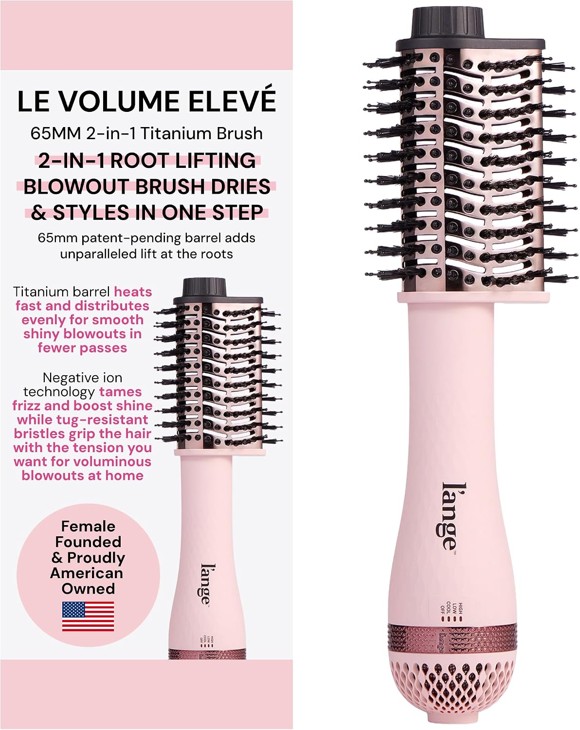 L’ANGE HAIR Le Volume Elevé 65MM 2-in-1 Titanium Brush Dryer | Dry and Style | Unique Teardrop Shape Barrel | 3 Heat Settings | 360° Vented Airflow | Ionic Technology for Frizz-Free Styling (Blush)