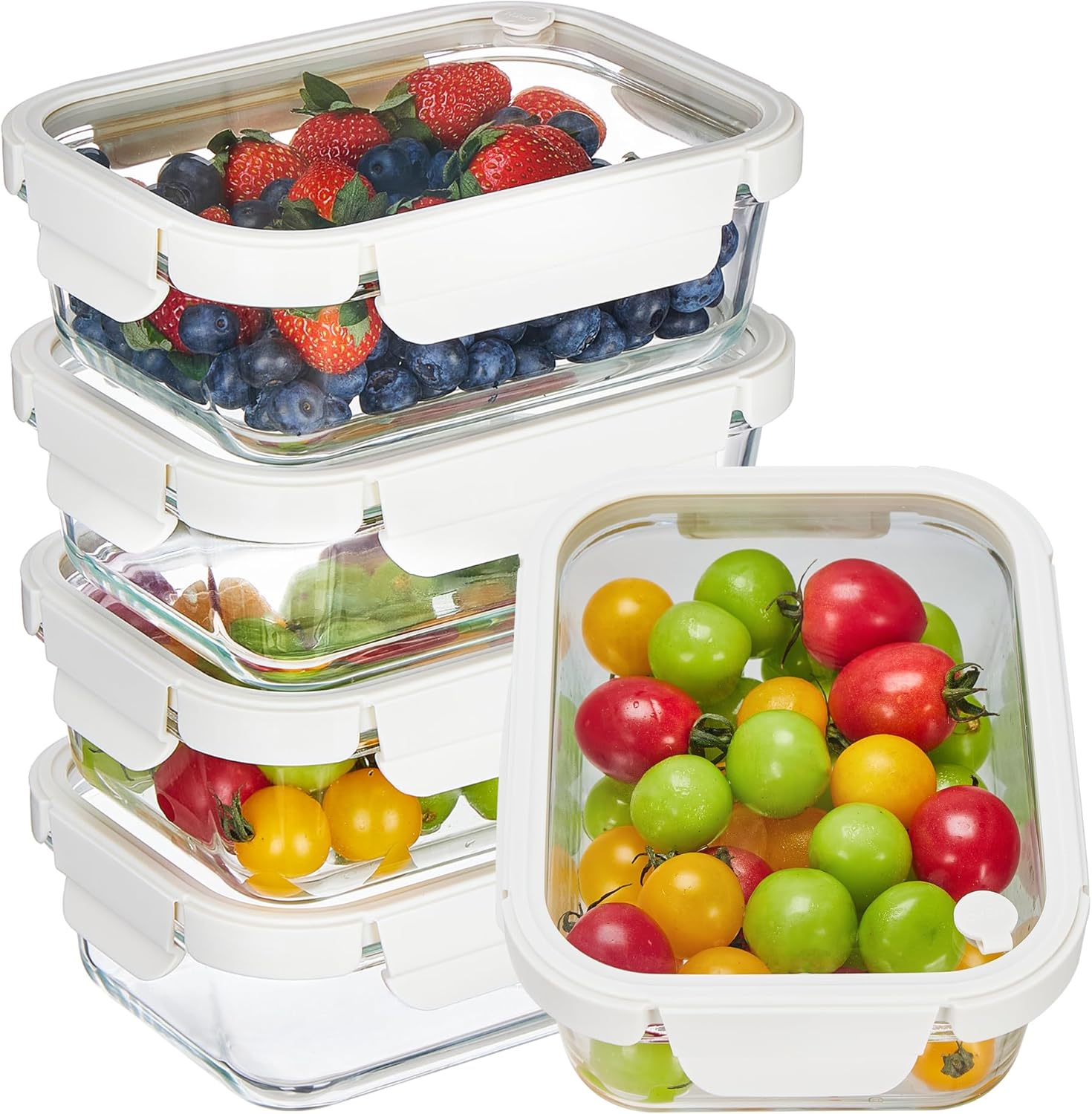 Vtopmart 5 Pack Glass Food Storage Containers with Glass Lids & Air Vent | Meal Prep & Leftover Storage Containers for Kitchen, Lunch and Refrigerator, Microwave Oven Freezer Dishwasher Safe