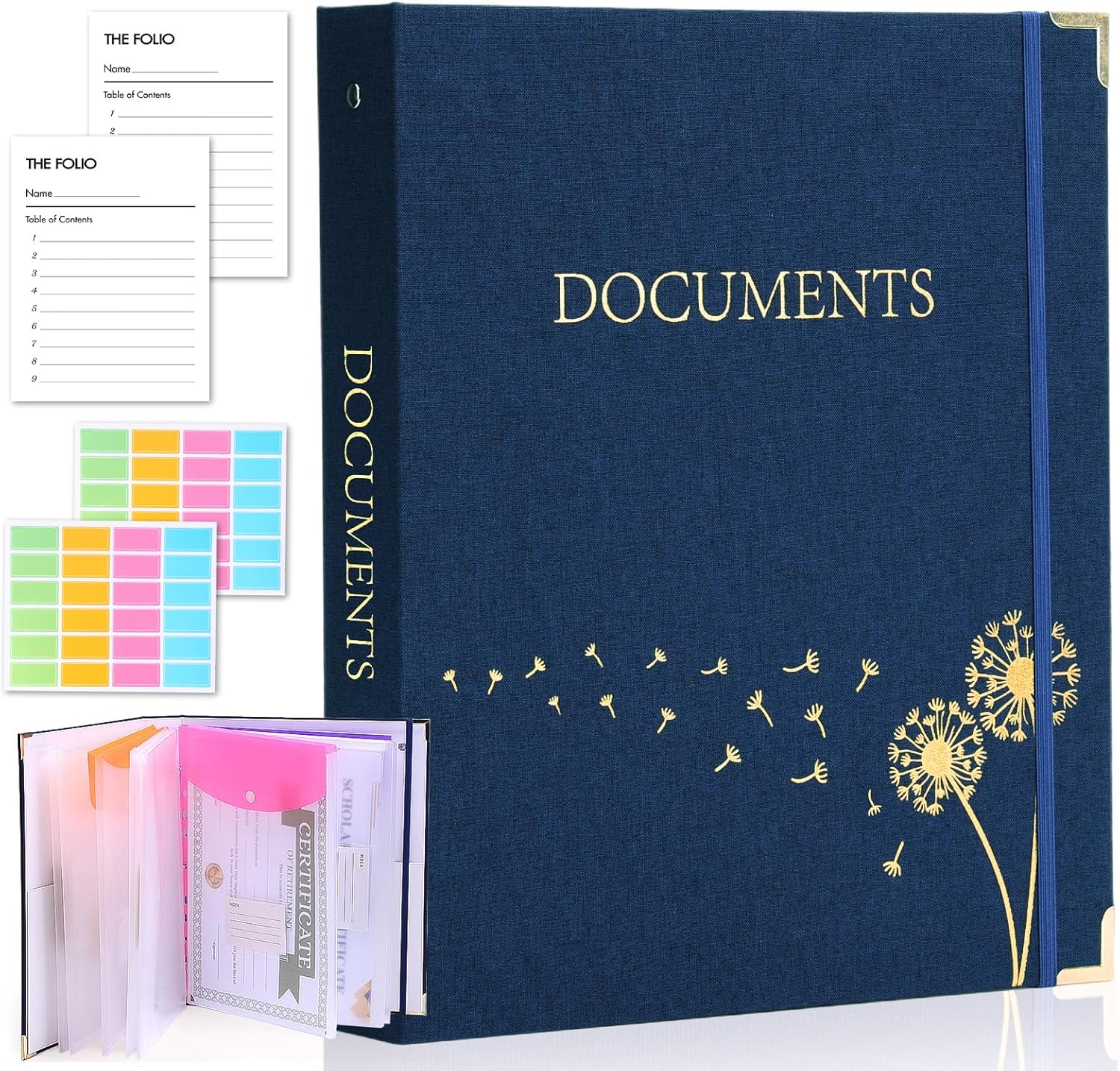 XKDOUS Important Document Organizer 3 Ring Linen Binders Folio File Folders | Navy Expanding Storage Holder with Gold-foiled Hardcover, 9 Pockets & Labels for A4, Letter Size Papers, Home & Office