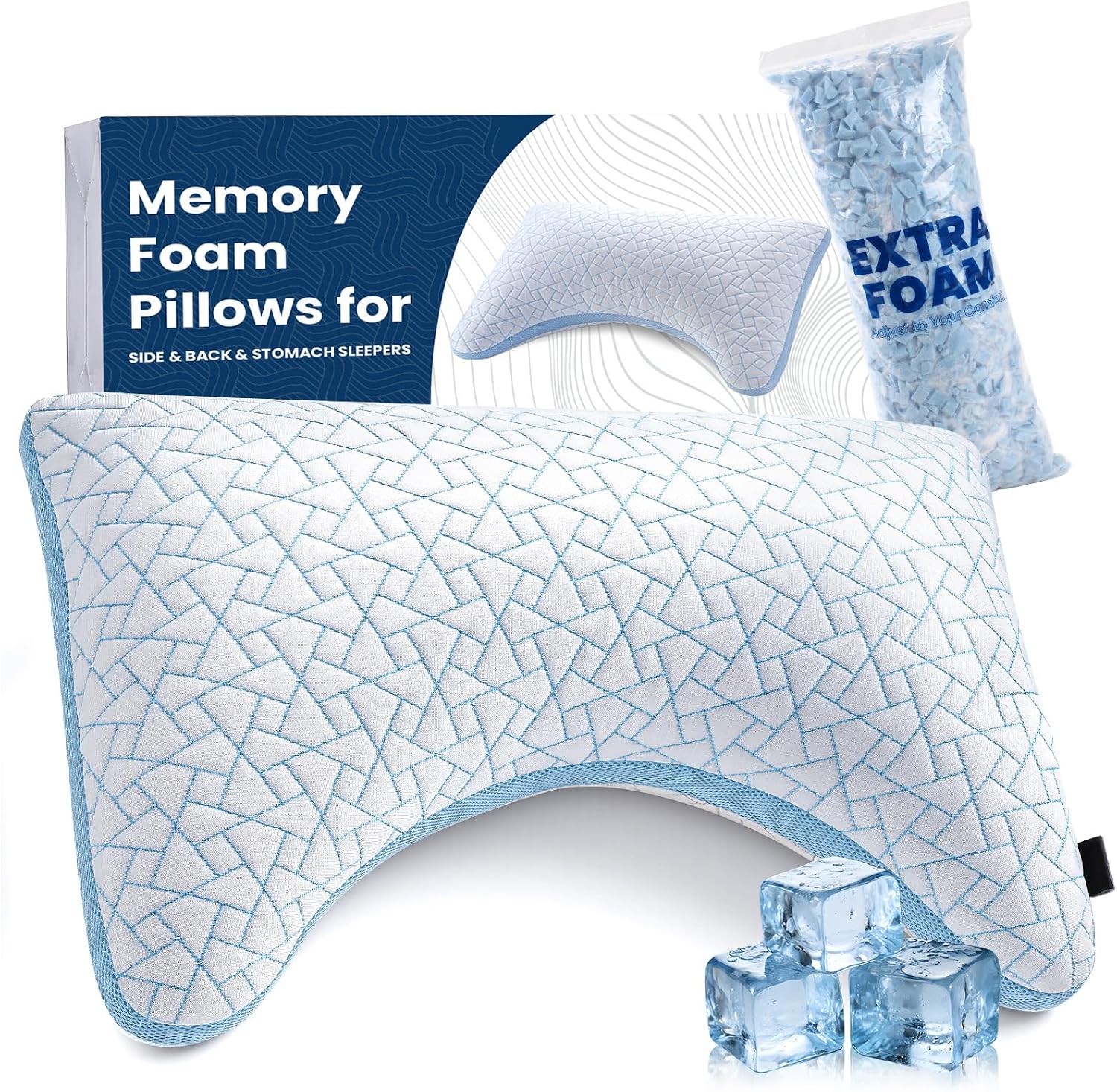 A-Pce Cooling Memory Foam Pillow for Neck&Shoulder Pain Relief, Set of 1 | Queen Size, Crescent Pillows for Hot Sleepers with Wahsable Cover, Adjustable Firm, Extra Shredded Memory Foam