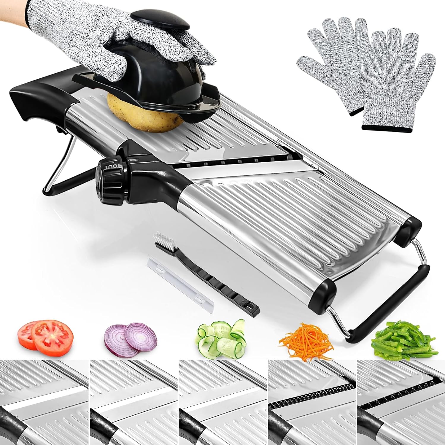 Mandoline Slicer, Adjustable Stainless Steel Slicer, Food Holder and Gloves | Adjustable stainless steel blade slices potato, onion and tomato with food holder and safety gloves for safer daily meal prep
