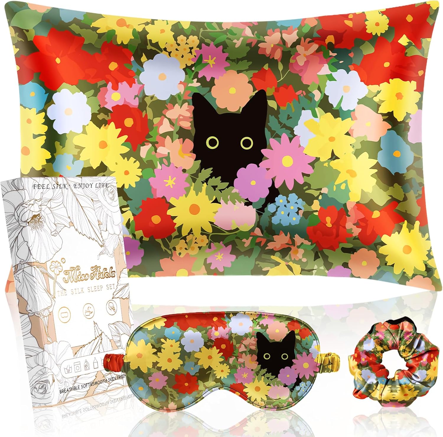 Mulberry Silk Pillowcase Set, Standard 20×26, Cat in Flower | 1 Pc Pillowcase with Eye Mask & Scrunchie, 19 Momme Silk, Hidden Zipper, Smooth Touch, Hair and Skin, Sleeping Gift for Women
