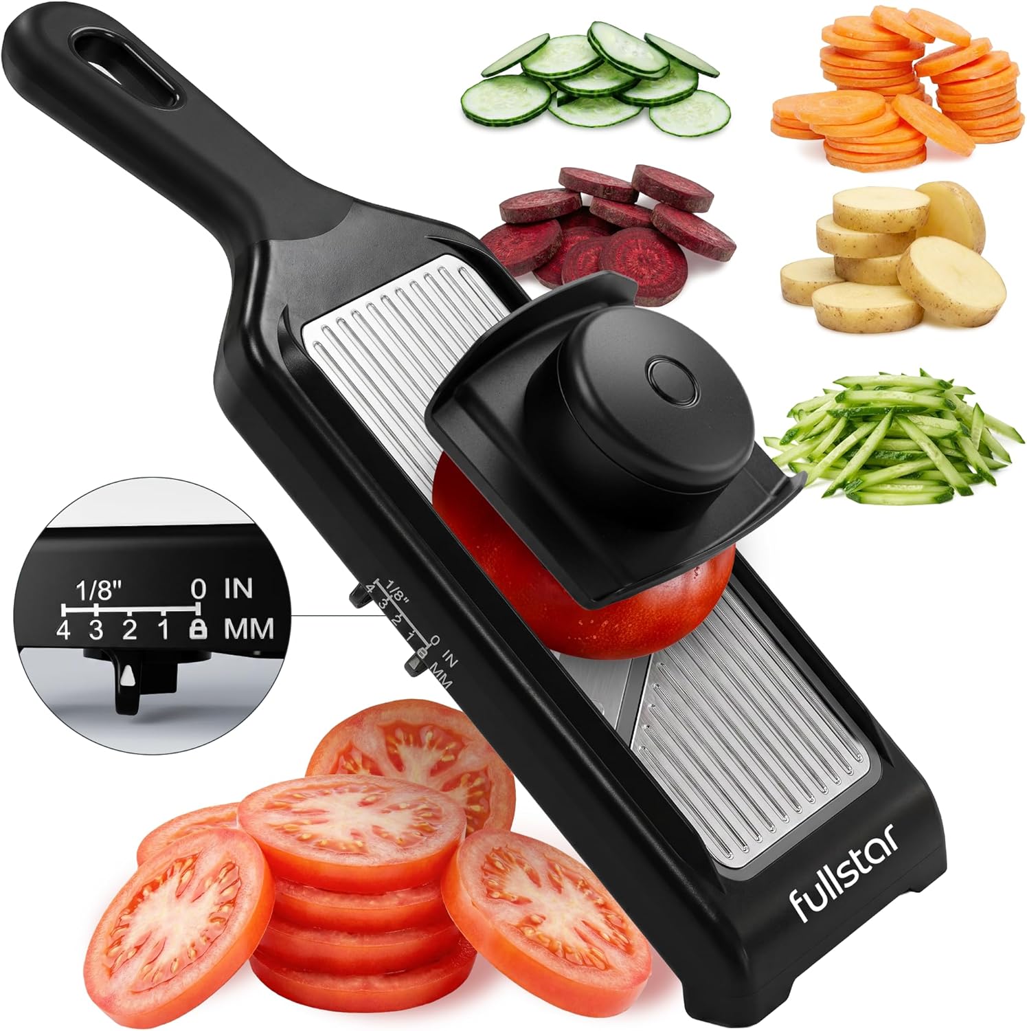 Fullstar – Handheld Mandoline Vegetable Slicer & Julienne Cutter | 2 in 1 Onion, Veggie & Fruit Slicer, 4 Thickness Settings with Finger Guard for Easy & Safer Slicing (Stainless Steel)