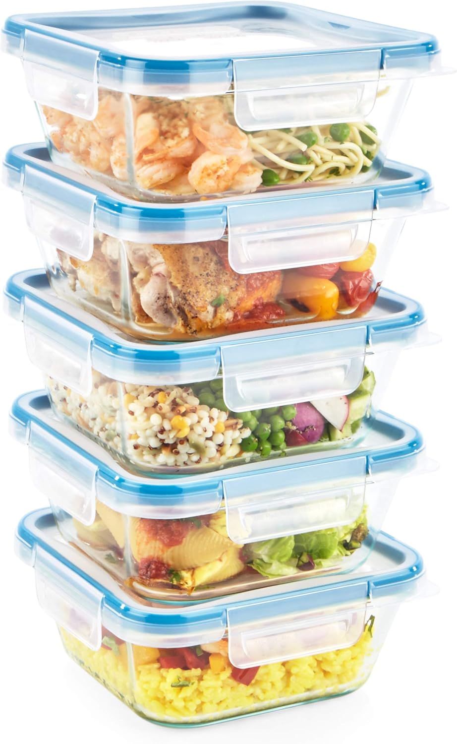 Snapware Glass Total Solutions (5-Pack, 4 Cup) Food Storage Containers Set | Airtight & leakproof plastic locking BPA-free lids, freezer, dishwasher, microwave safe