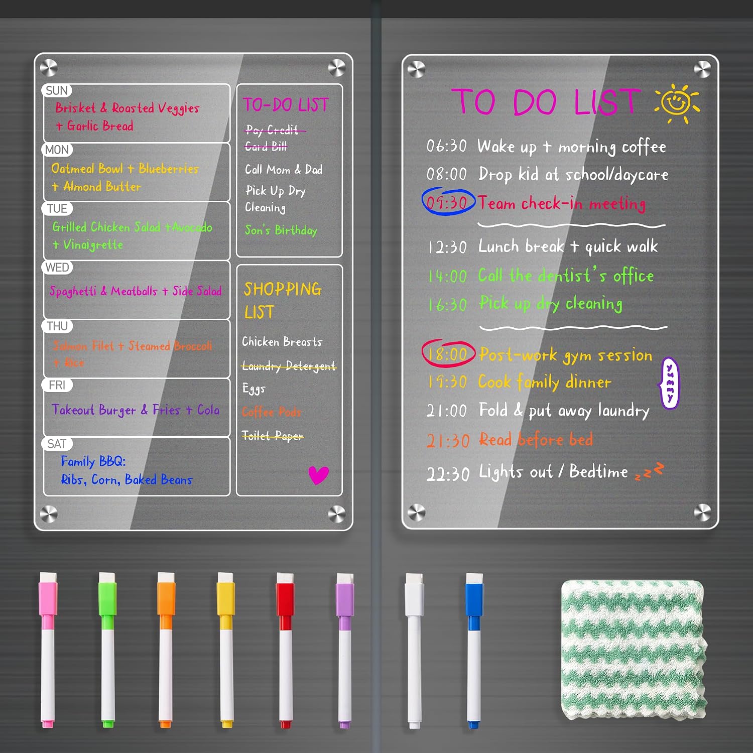 2 Pack Weekly Meal Planner for Fridge, Acrylic Menu Board&Fridge Whiteboard | With 8 Markers&1 Towel, Magnetic Weekly Calendar For Fridge,To Do, Grocery&Chore Chart,Organization For Kitchen, White&Clear