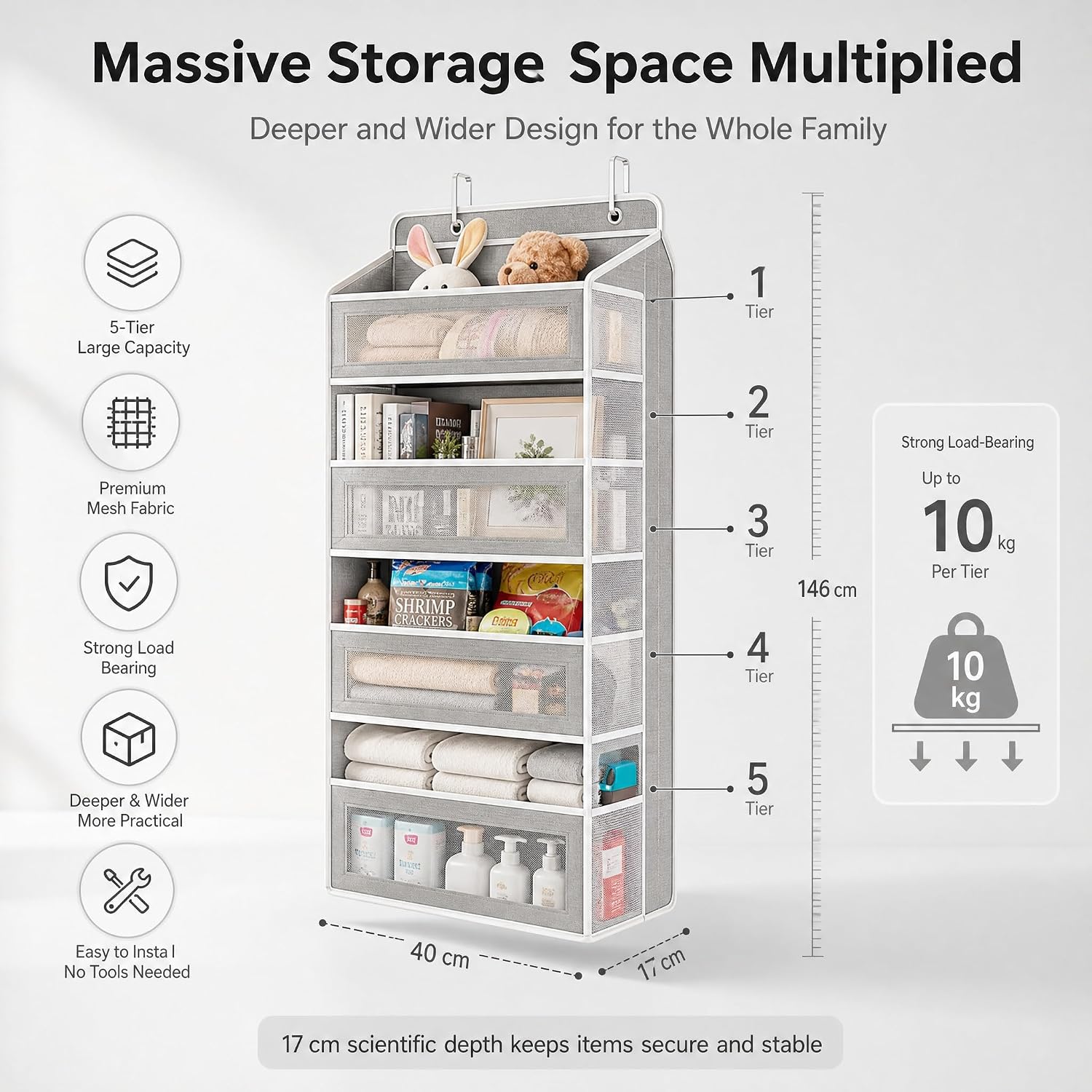 FUSHITON Over The Door Organizer with Anti-Tilt Design, 5 Shelf Hanging Grey Storage Rack Holds 44lb, Large Capacity Pockets for Bedroom Bathroom Pantry Nursery