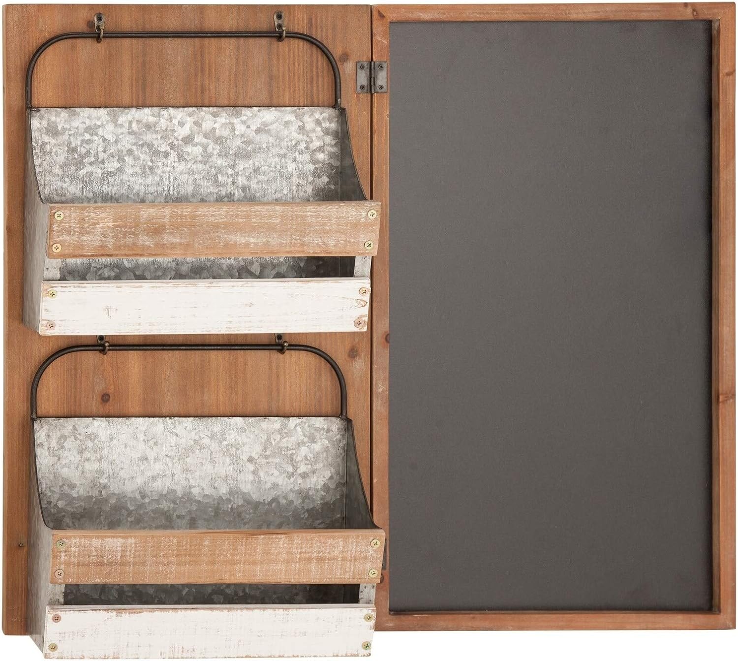 Deco 79 Farmhouse Wood and Metal Chalkboard Wall Rack, 6″ W x 23″ H, Black, Gray, Brown