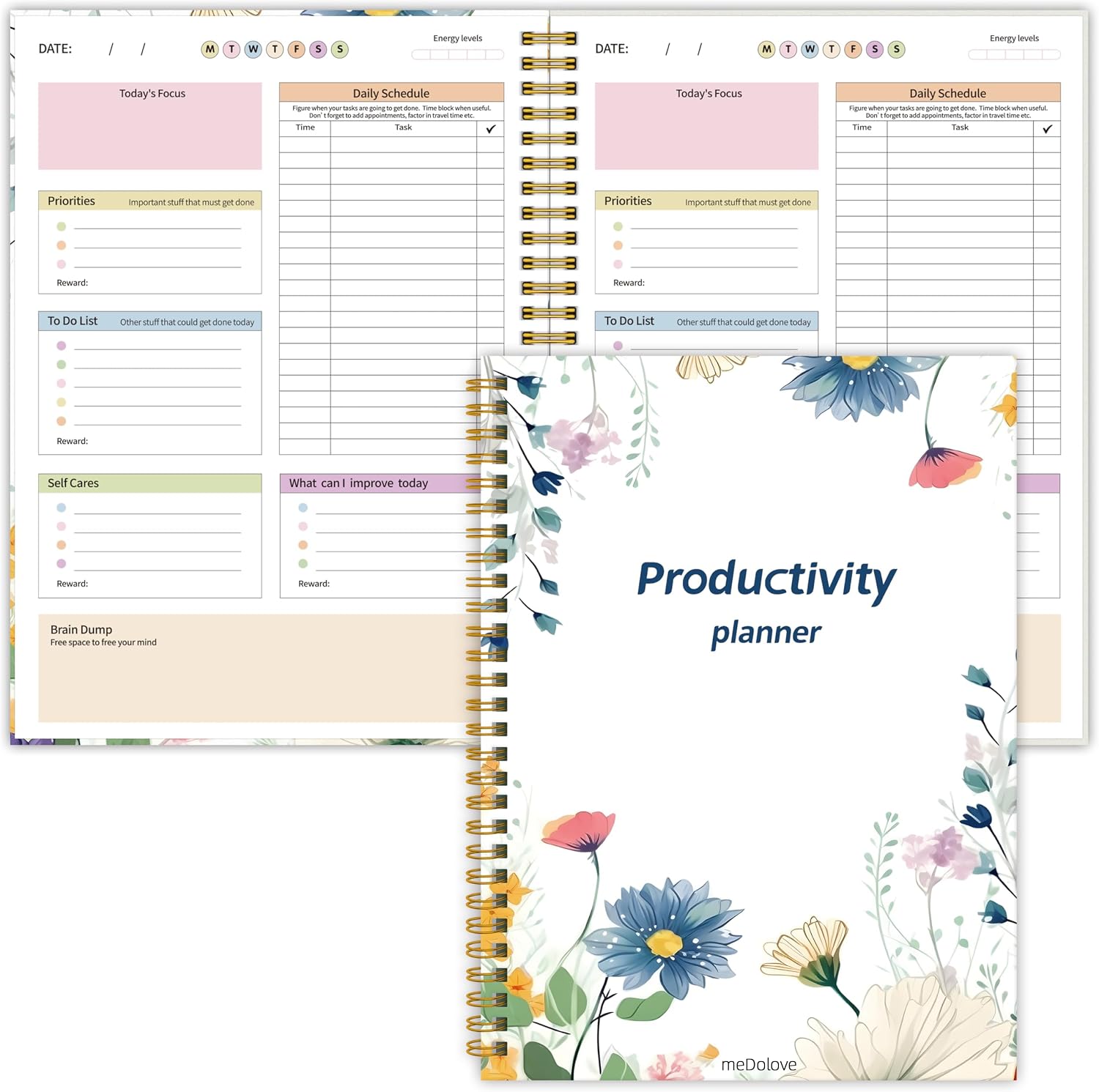 ADHD Daily Planner with Self-Cares, Daily Schedule,To-Do List,Brain Dump | 7″ x 10″,Undated layout,Daily Reflection,Color Pages,No-Bleed Sheets,Built-in Energy Levels tracker for Neurodivergent Adults